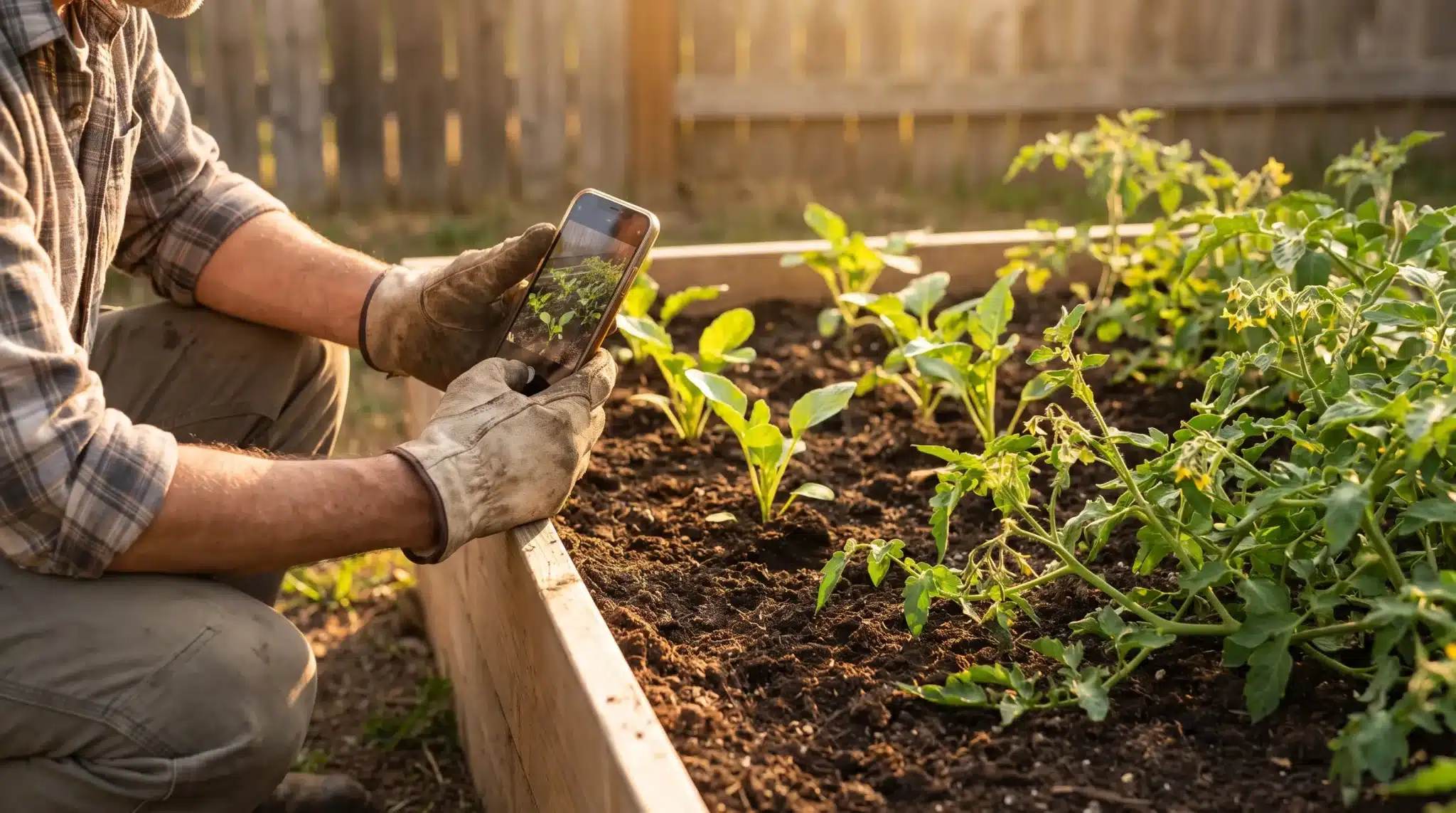 Person taking photo of plants in raised garden bed during golden hour
