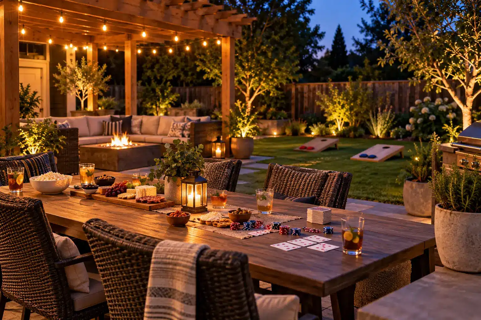 Outdoor patio with wooden table set for games and snacks under string lights at dusk