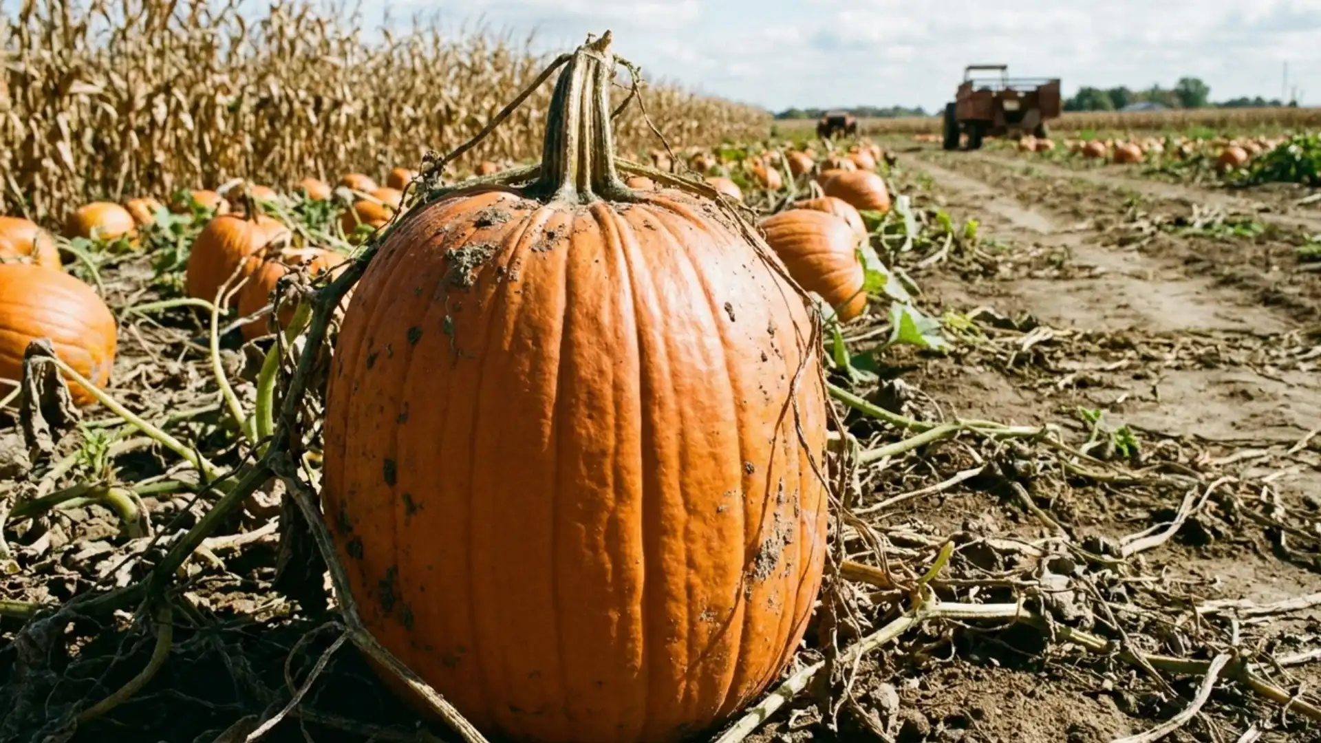 tall ribbed howden pumpkin in a pumpkin patch