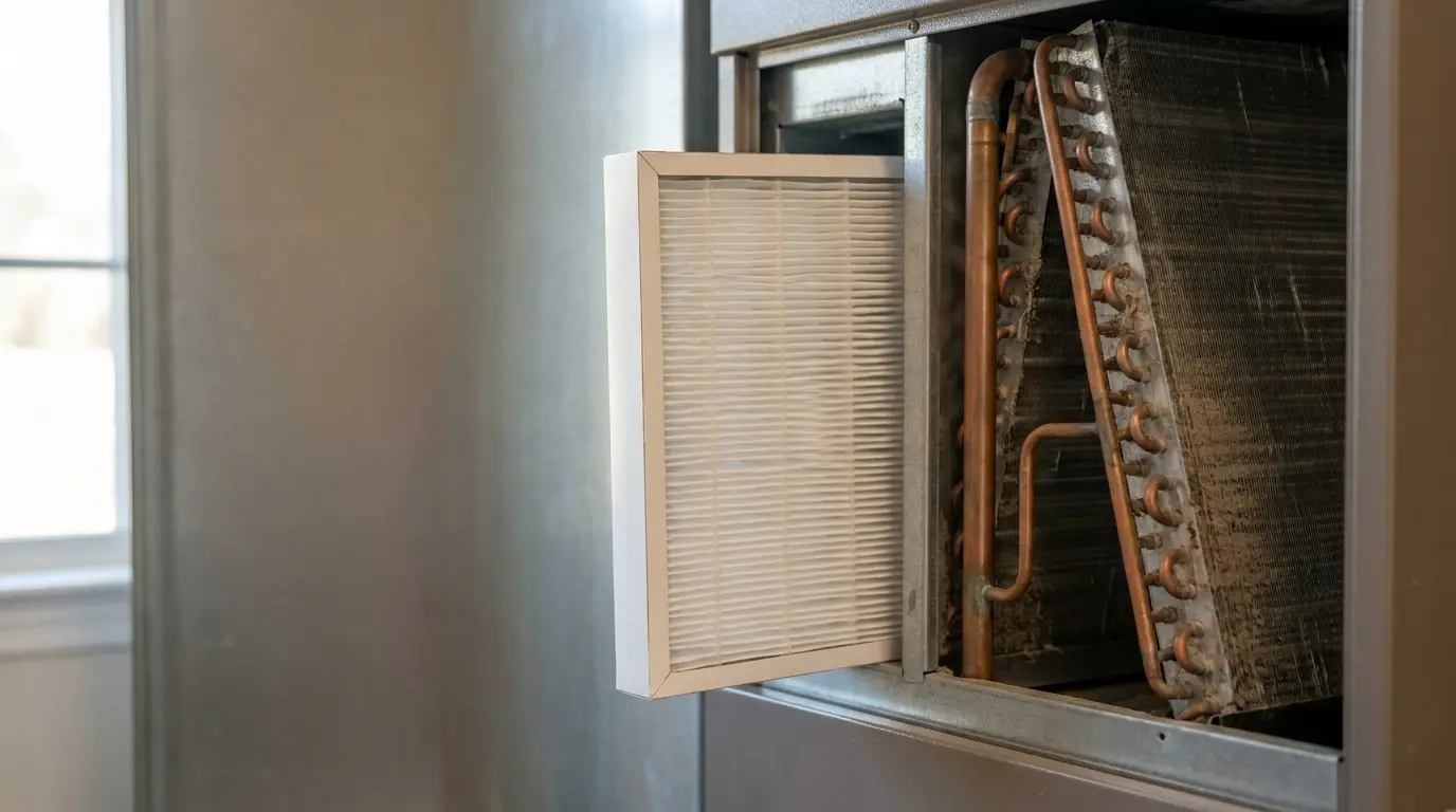 Air filter and copper coils inside HVAC unit in a home environment