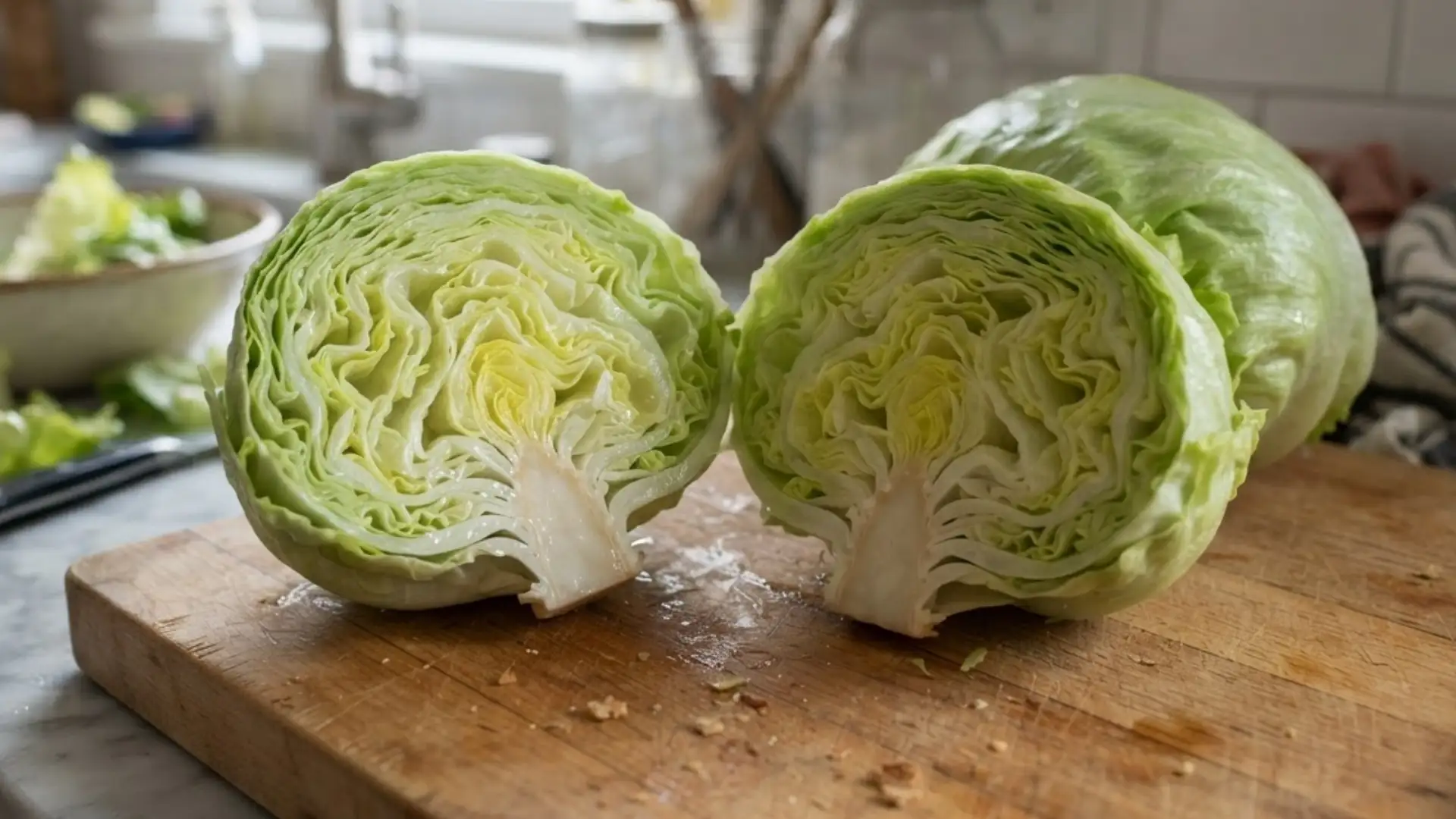 iceberg lettuce cut in half on a wooden board, revealing tightly packed pale green leaves and a crisp center