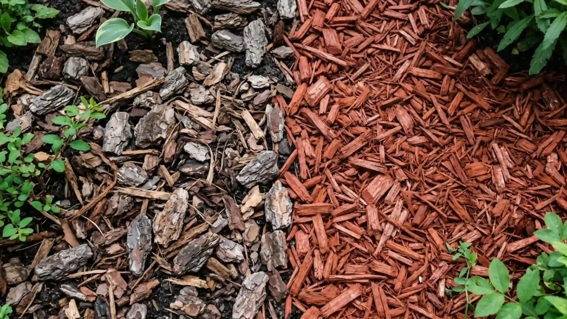 dyed and natural wood mulch compared side by side to show color versus source material