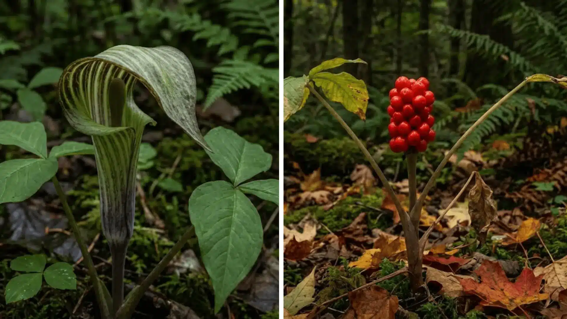 jack-in-the-pulpit flower with striped hood and a stalk of red fall berries
