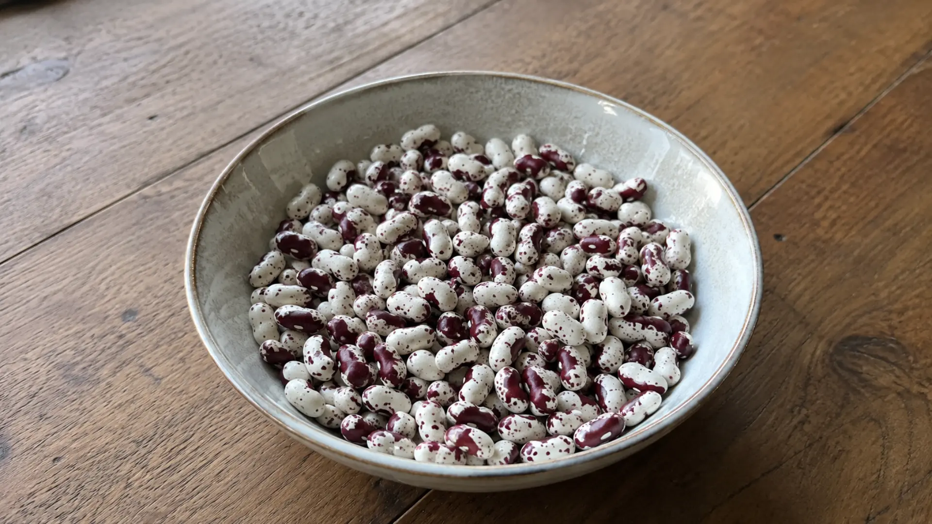 dry ivory Jacob's Cattle beans with maroon speckles in bowl on a kitchen counter