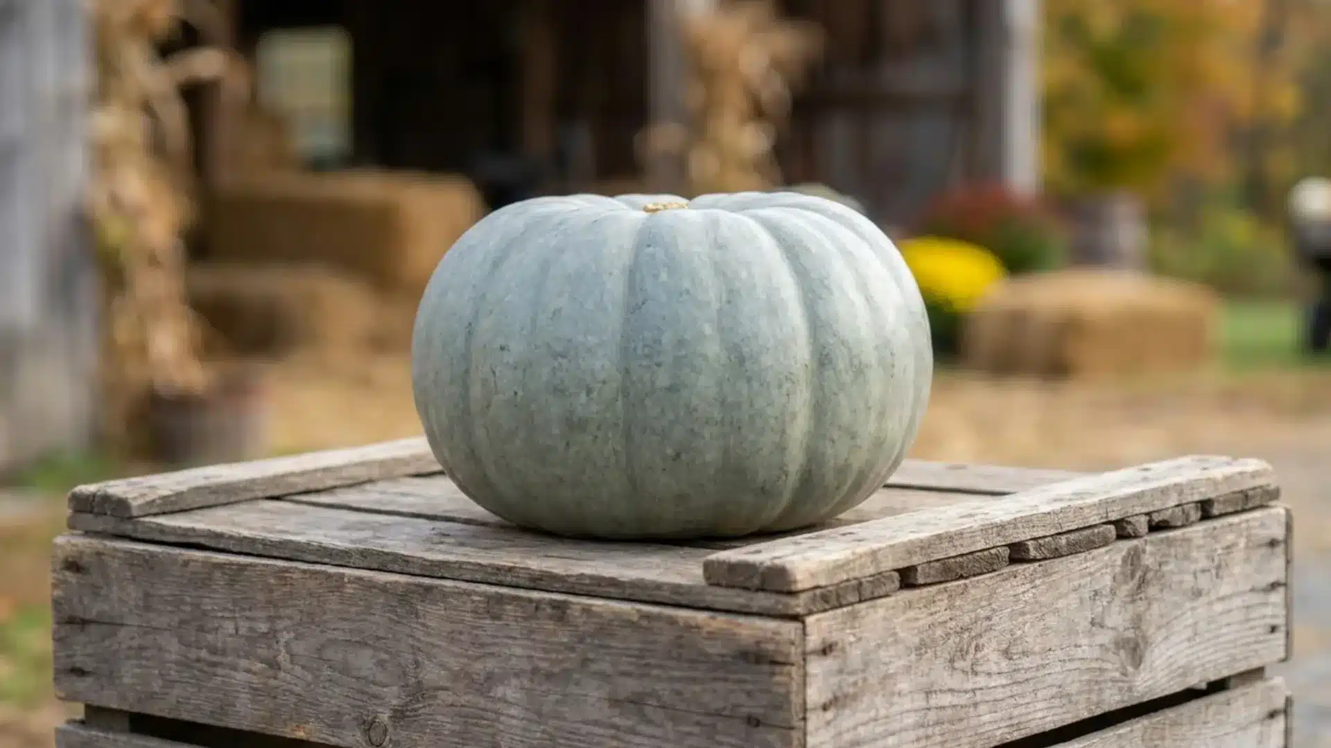 blue gray jarrahdale pumpkin on a wooden crate