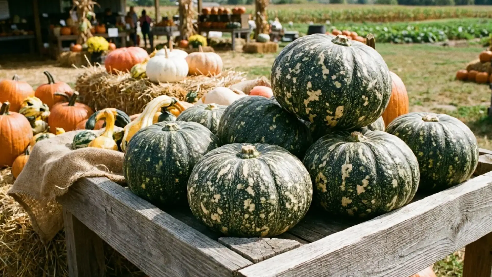 dark green mottled kabocha squash on a table