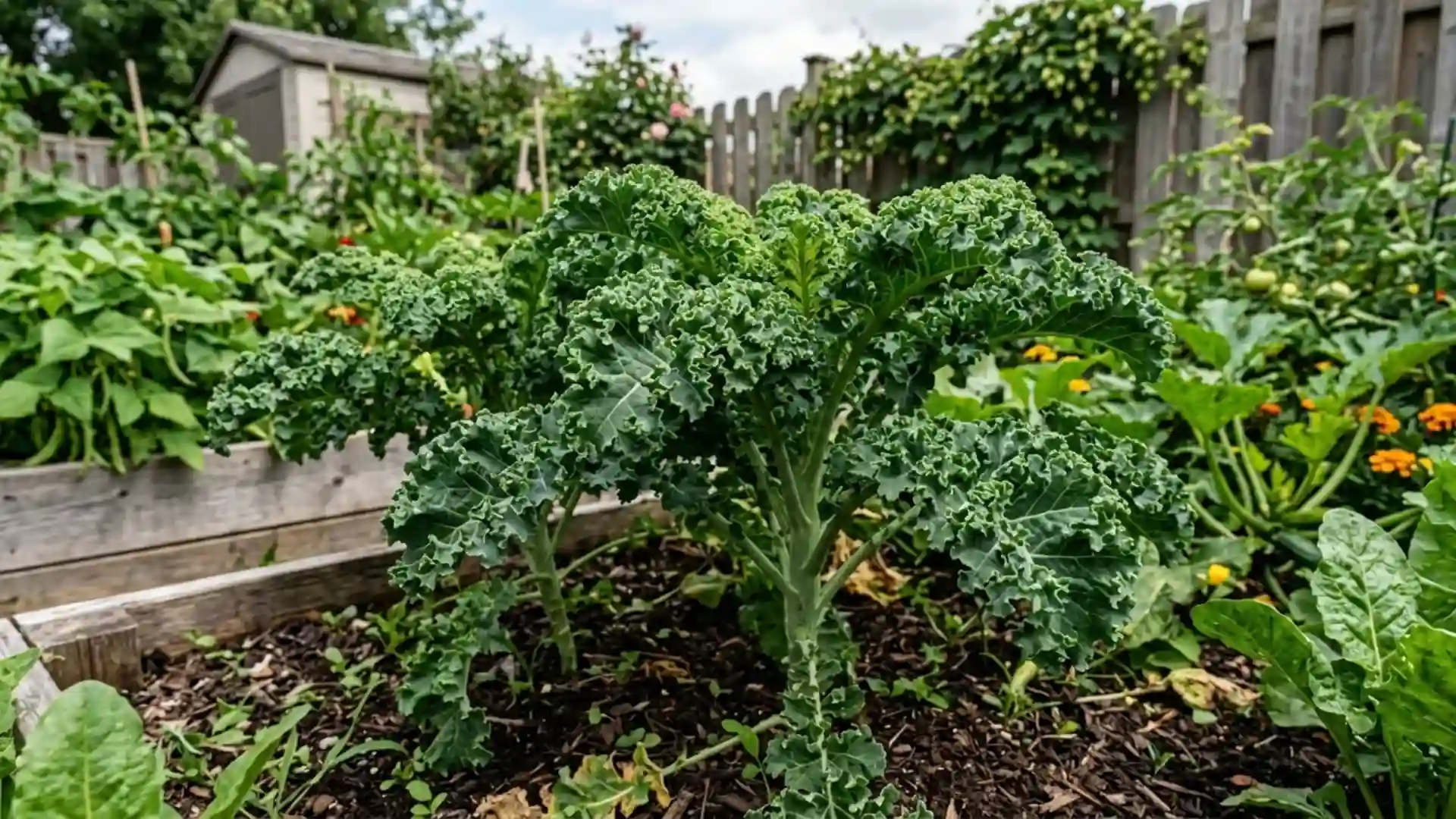 fresh dark green curly kale growing in a home garden bed, photographed in natural daylight