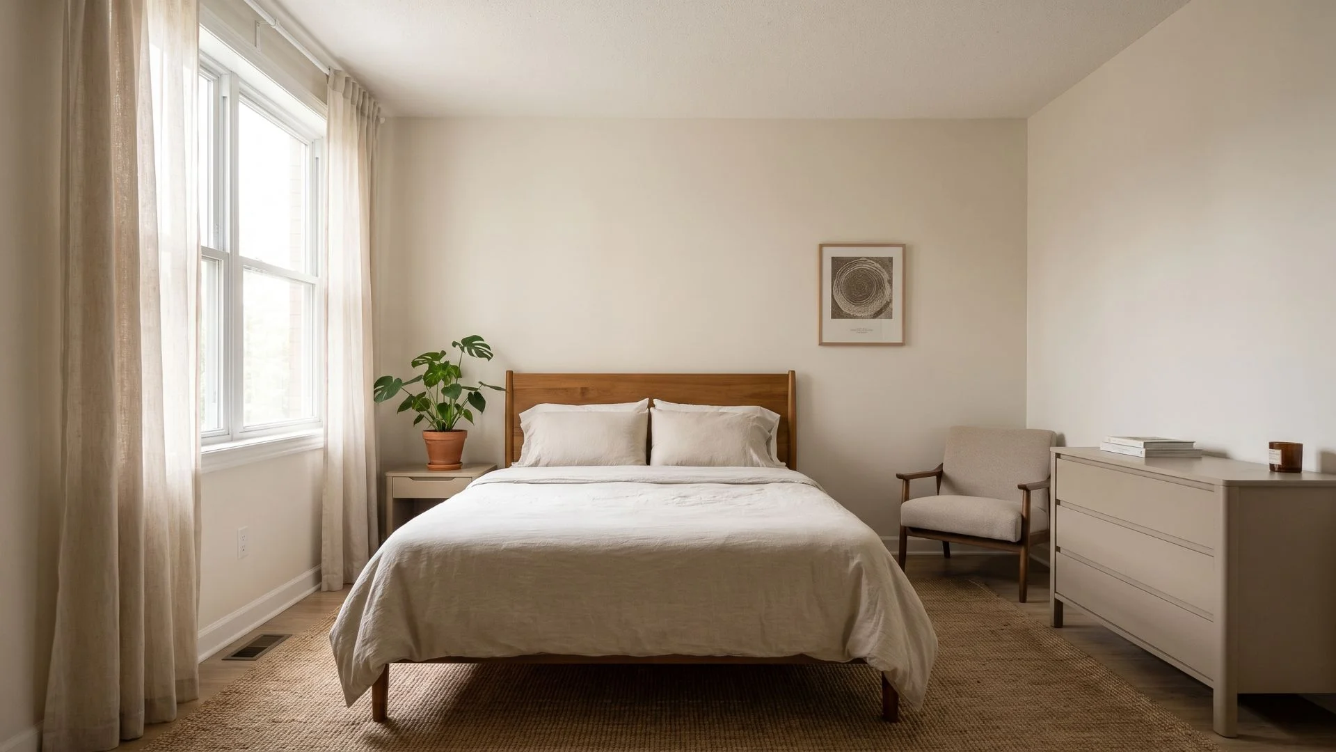 bed positioned against a quiet interior wall in a bright bedroom with a dresser and reading chair