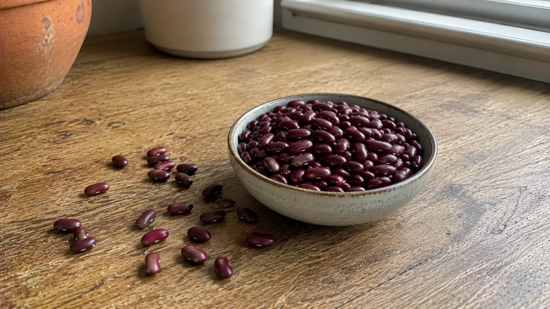 dry dark red kidney beans in a ceramic bowl on a kitchen table