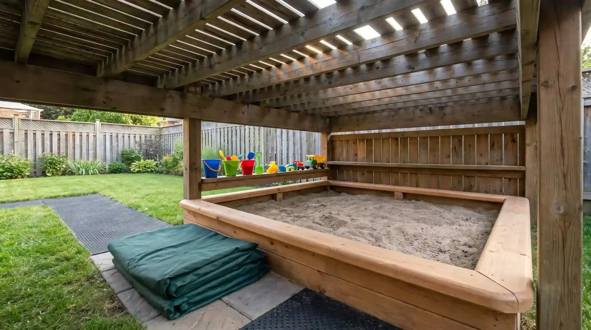 wooden kids’ sandbox with colorful toys and a folded cover beneath a raised backyard deck
