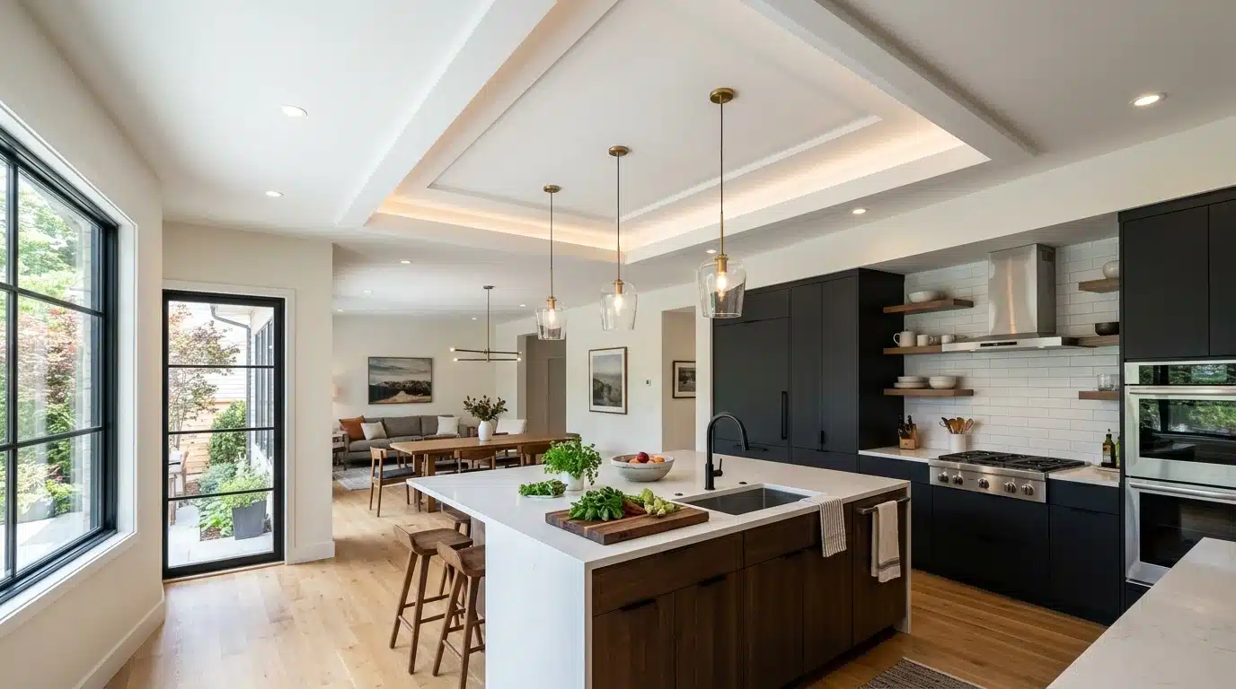 open-plan kitchen with a island, black cabinets, pendant lights, dining table, and sitting area beside doors