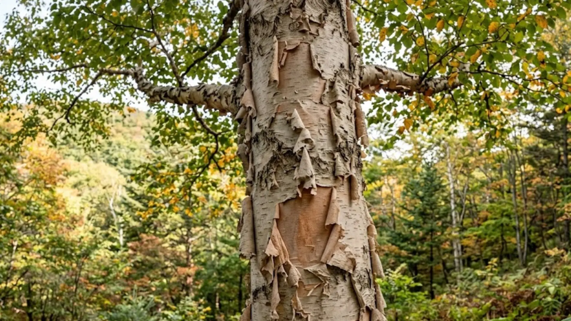 old birch trunk with pale peeling bark and wide spreading branches set against a bright colorful autumn forest