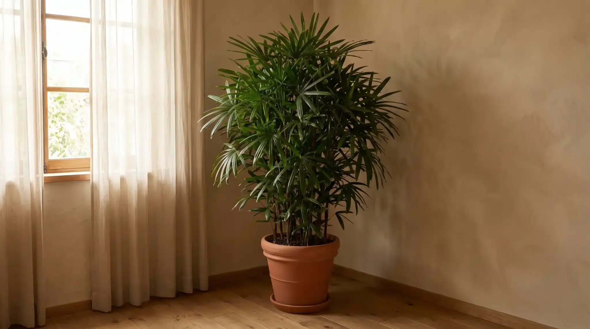 large lady palm with dense fan-shaped green leaves in a terracotta pot beside a sunny window