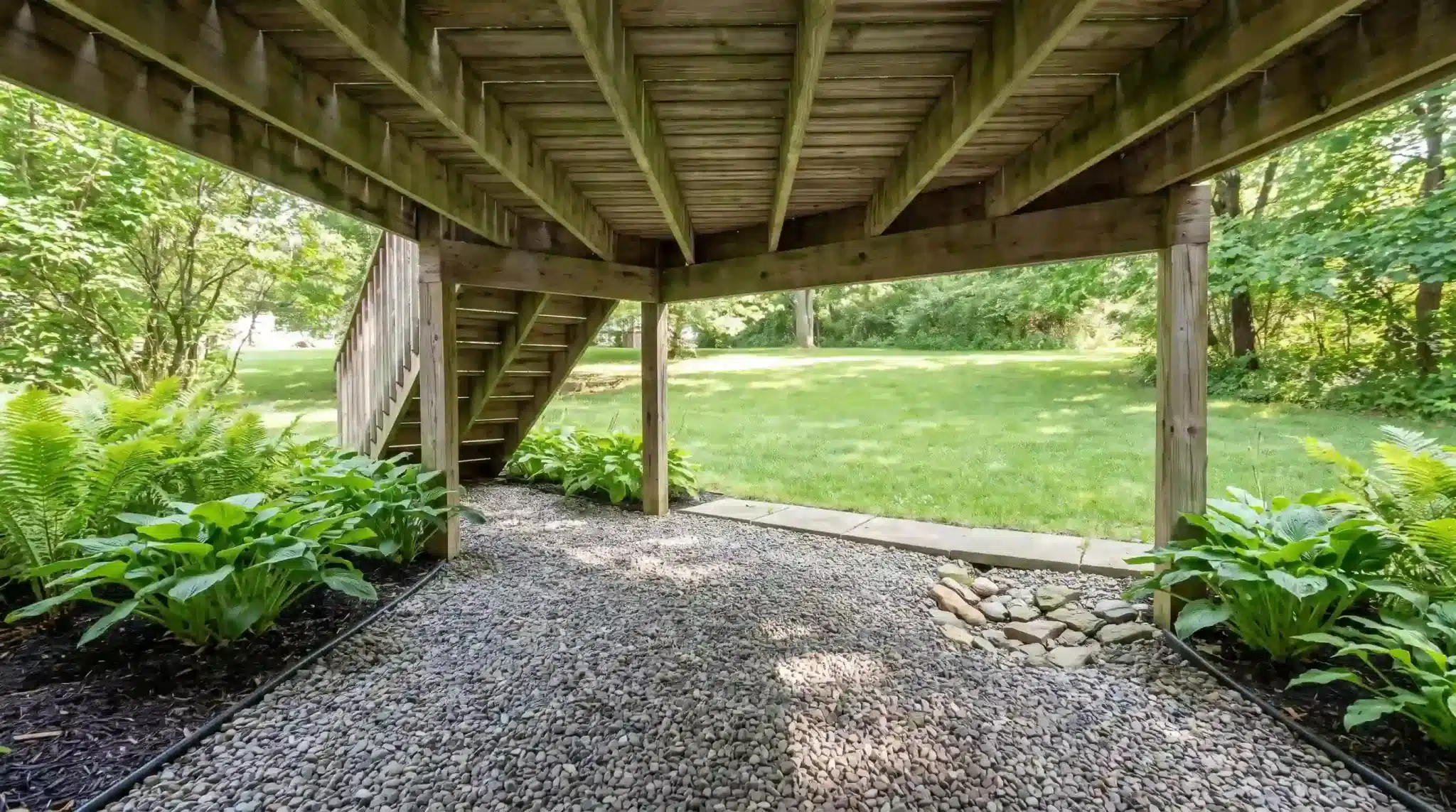 landscaped ground beneath a raised deck with gravel, hostas, ferns, edging stones, and a dry creek bed