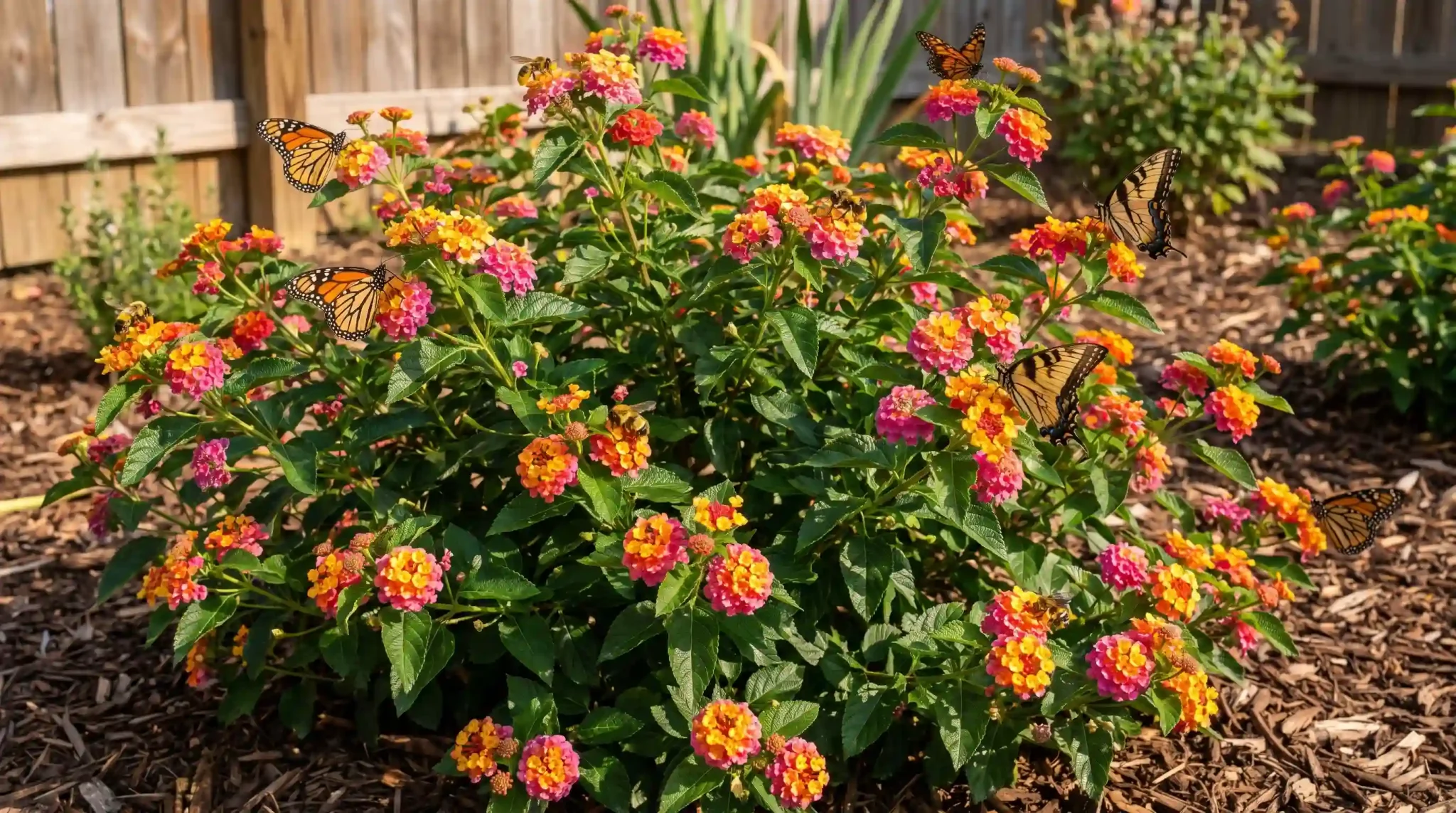 colorful lantana plant blooming in a sunny garden as butterflies and bees visit its flowers