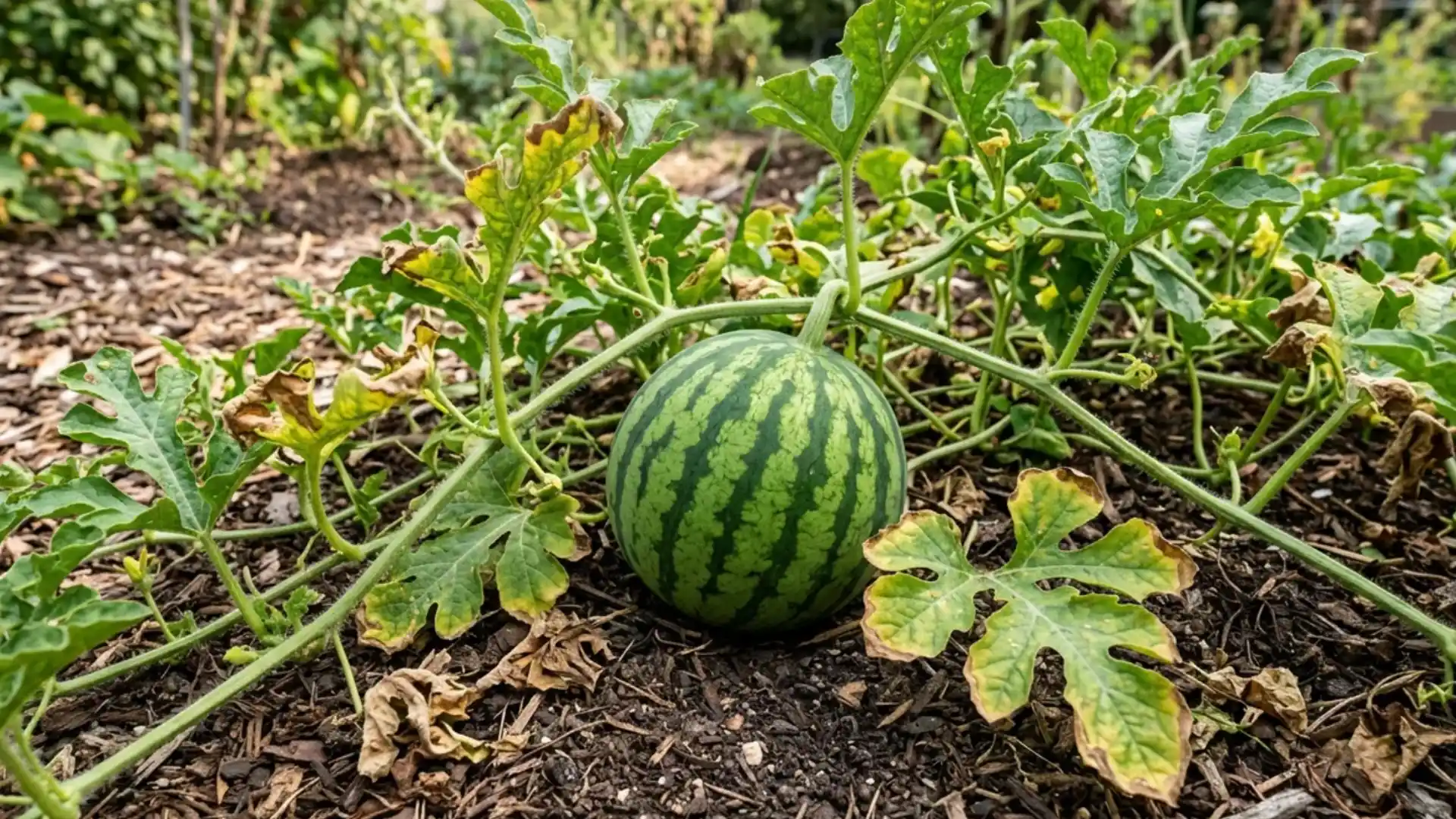 watermelon vine with nearby leaves slightly yellowing and browning
