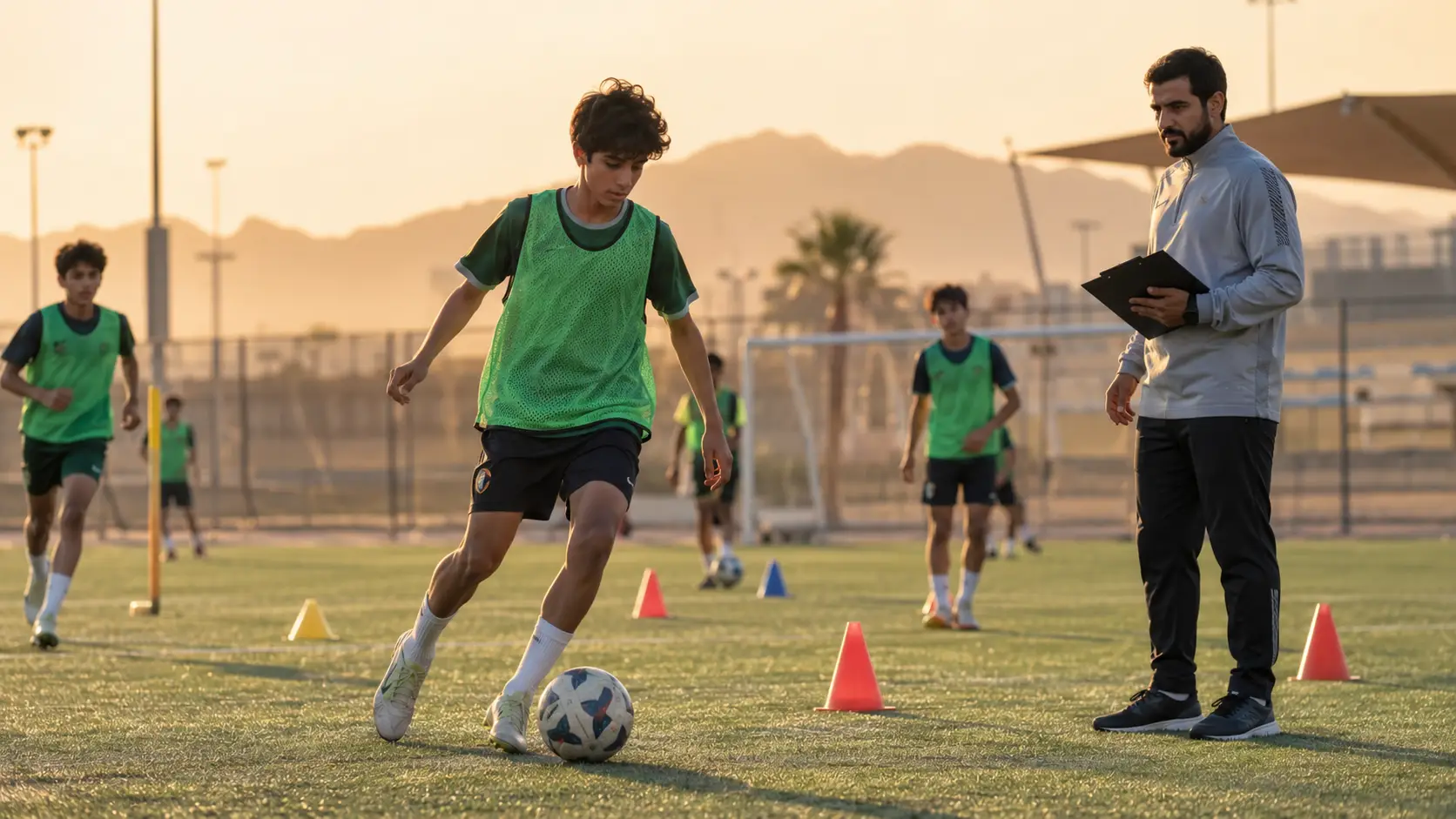 Teen soccer players practicing dribbling on field at sunset with coach observing