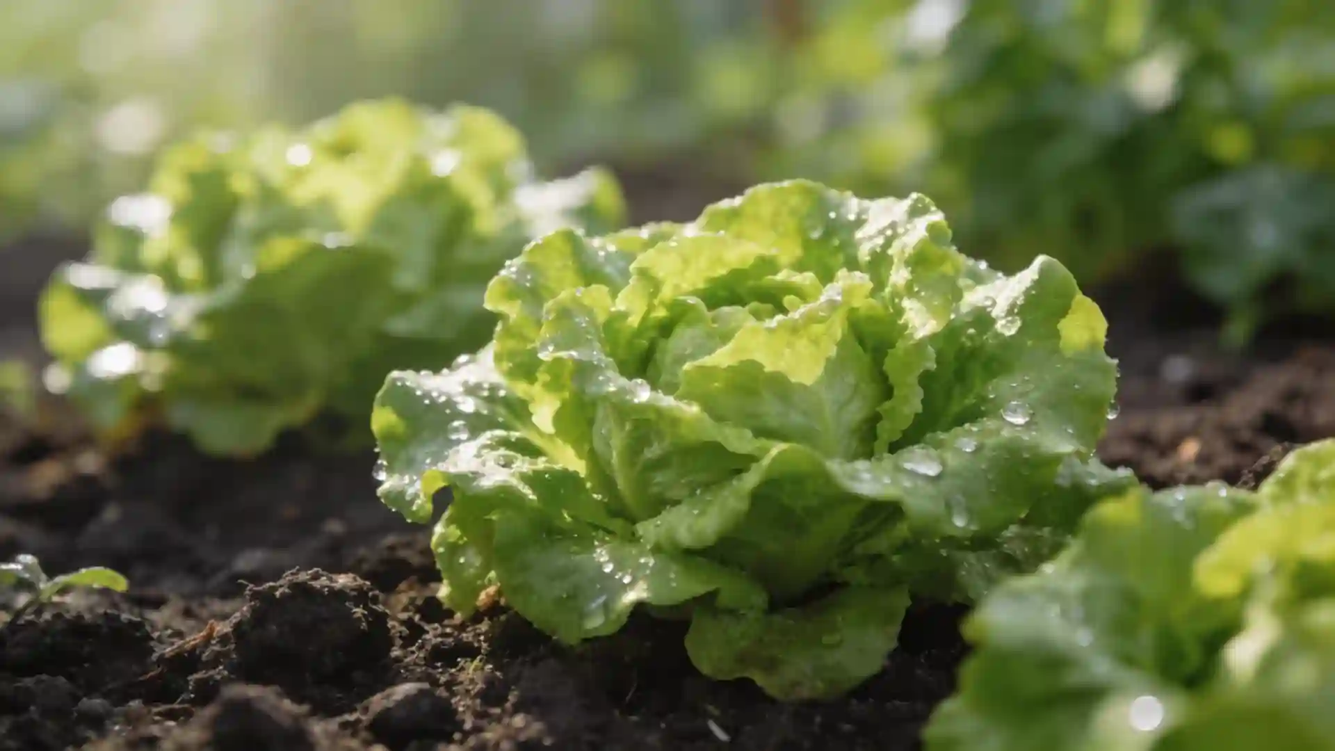 dewdrops sparkle on fresh green lettuce heads growing in dark garden soil