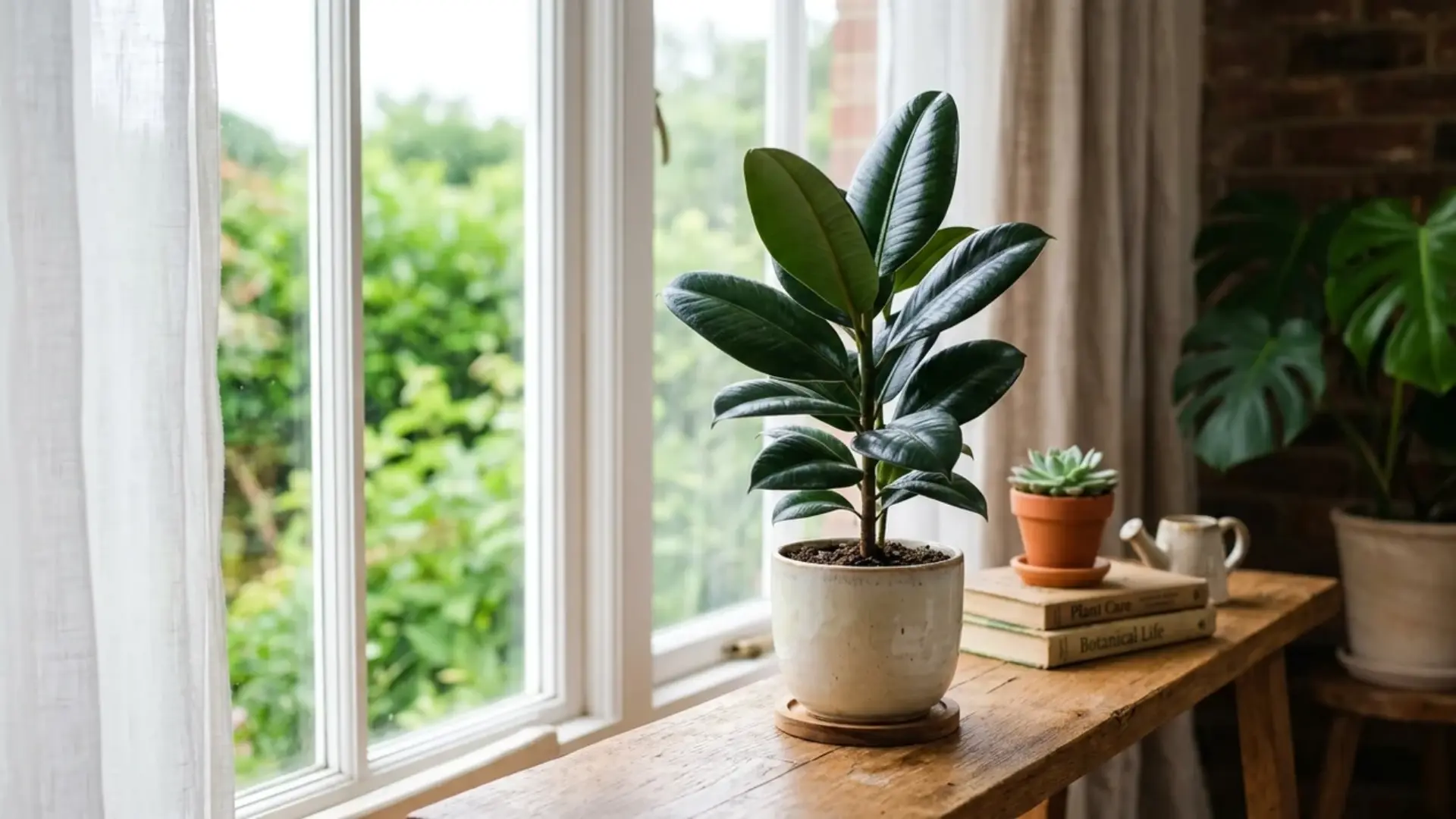 baby rubber plant with glossy leaves placed near a bright indirect light window indoors