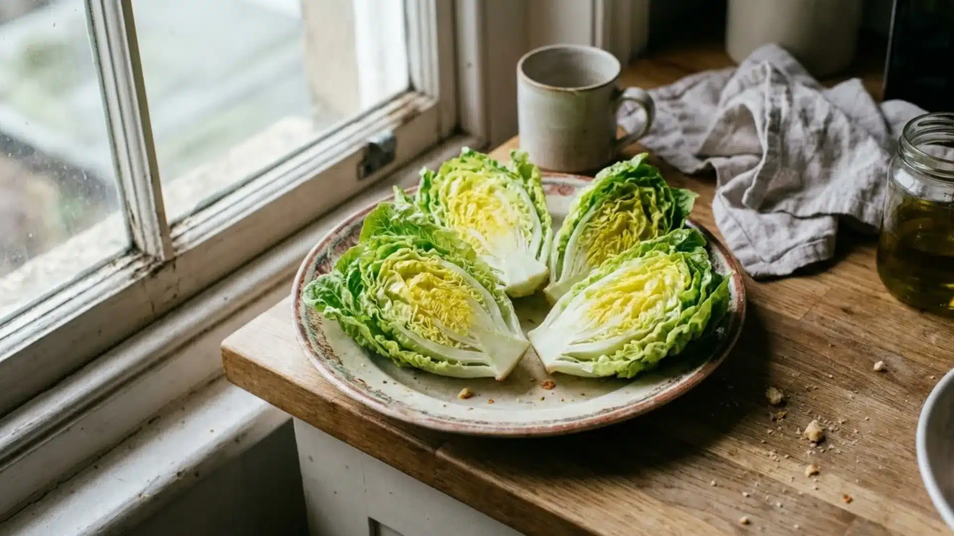 little gem lettuce heads arranged on a ceramic plate beside a kitchen window with a mug and linen cloth