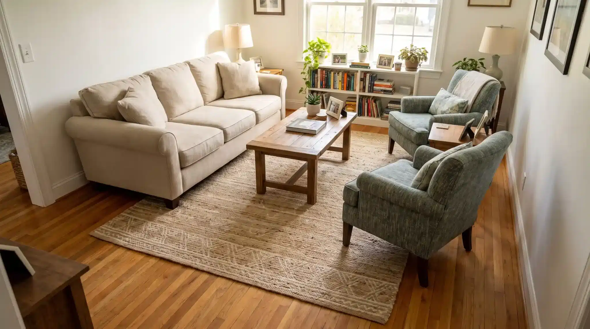 correctly placed living room rug beneath the front legs of a sofa and two accent chairs