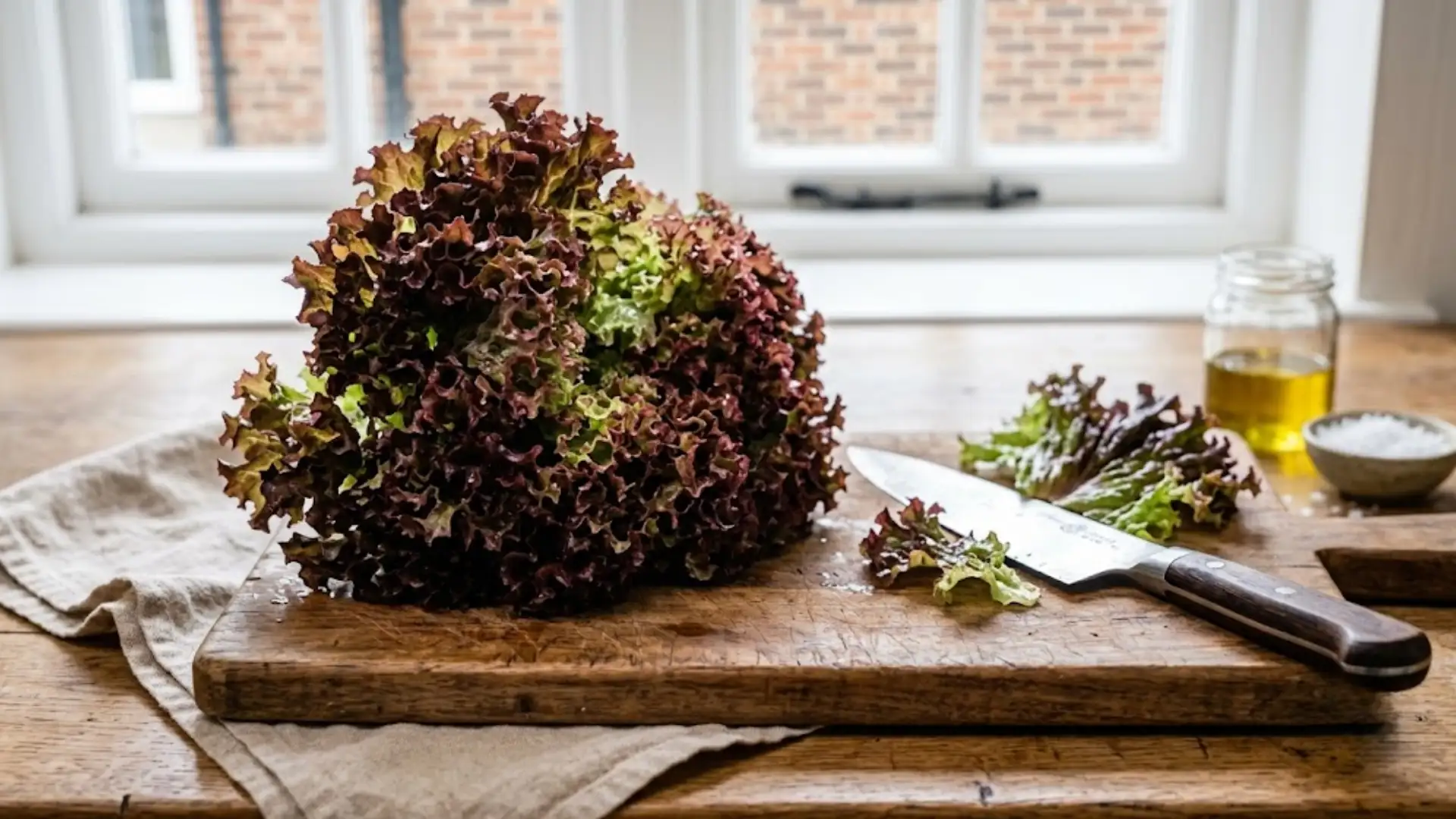 lollo rosso lettuce with deep red ruffled leaves on a wooden cutting board beside a kitchen knife