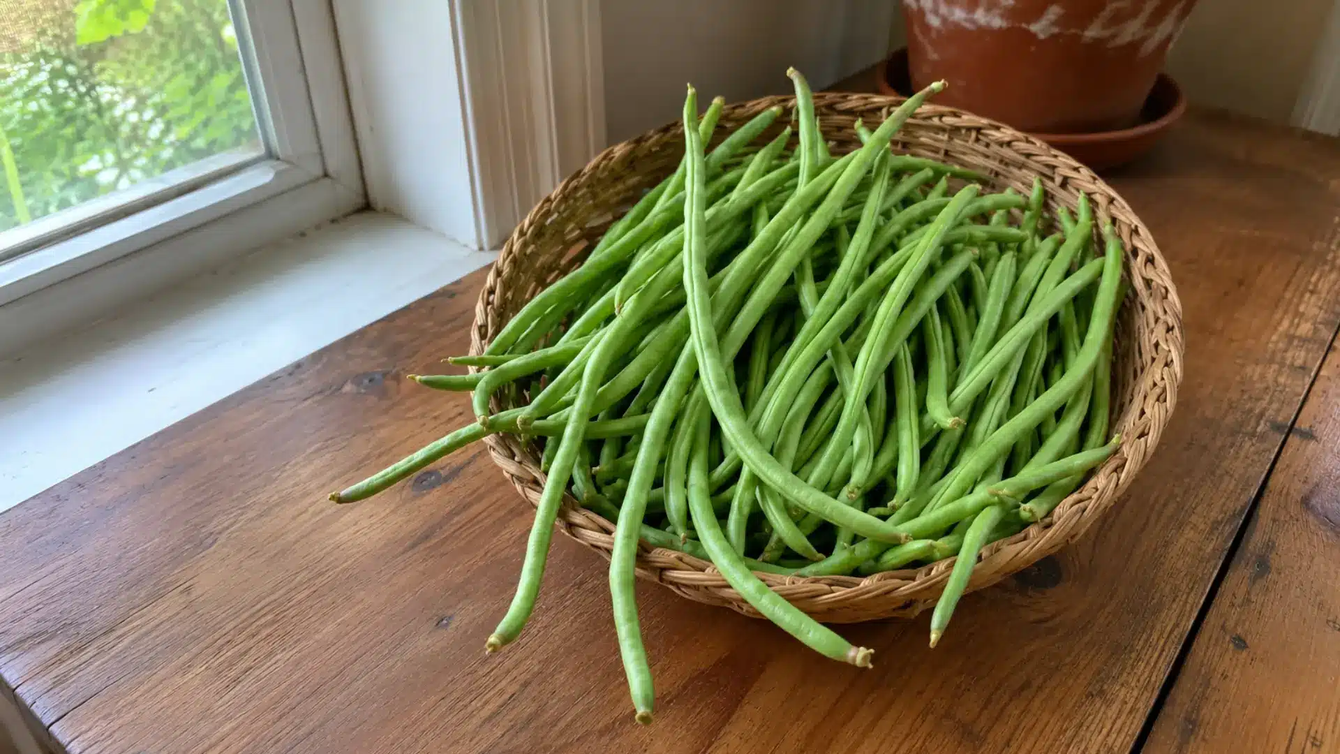 long green yard-long beans kept in a basket on a kitchen wooden counter