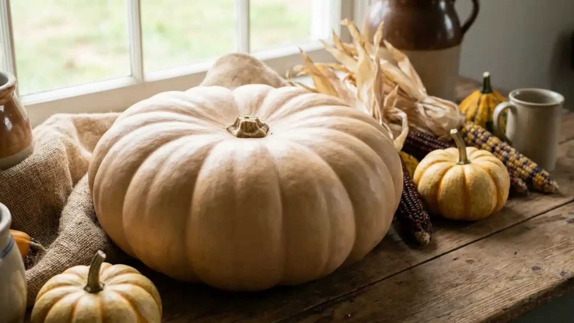 pale tan long island cheese pumpkin on a table