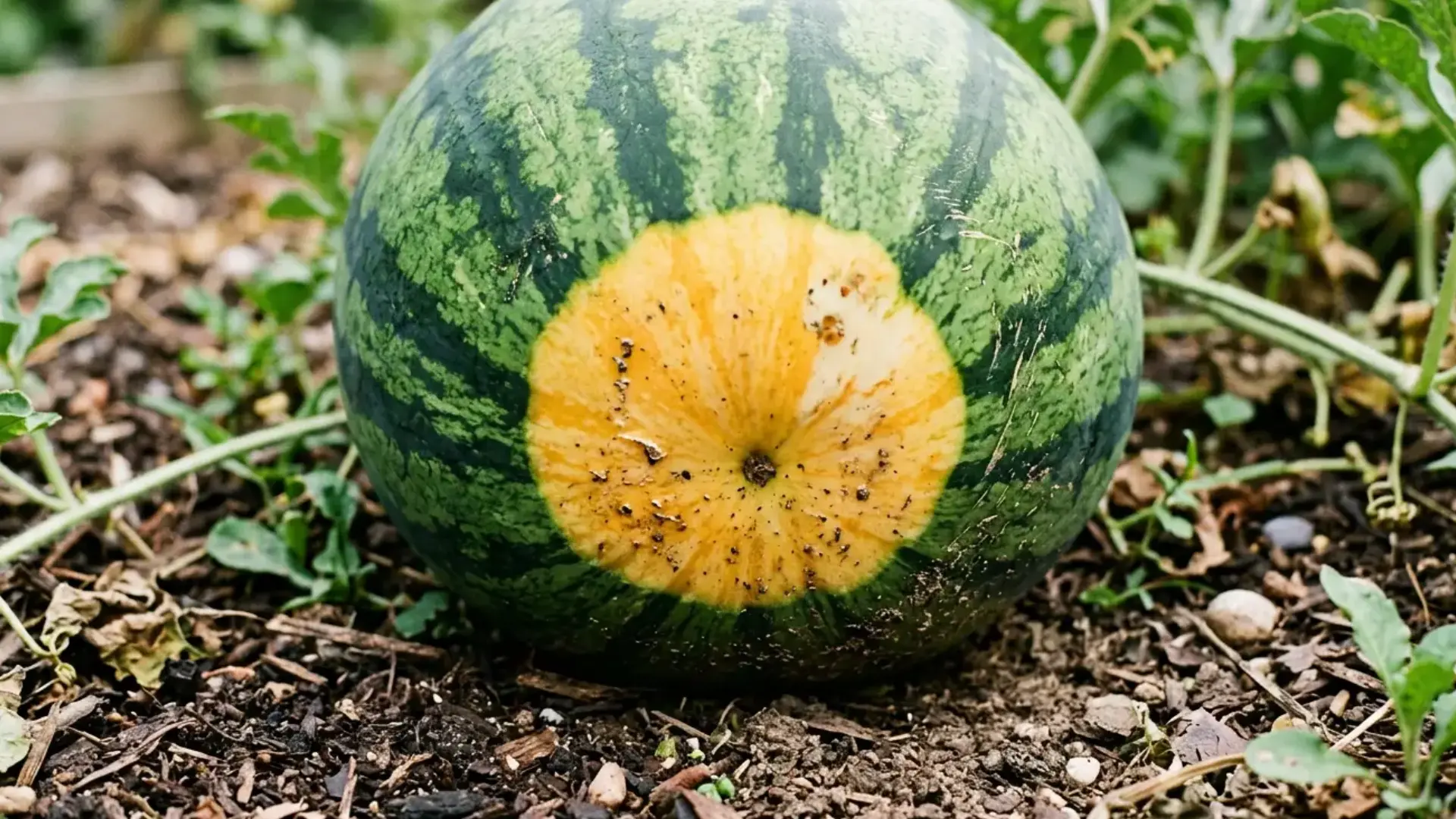 underside of a watermelon showing a buttery yellow ground spot on the rind