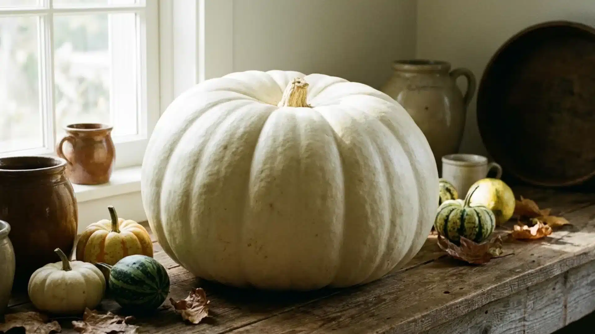 large white lumina pumpkin with ribbed surface