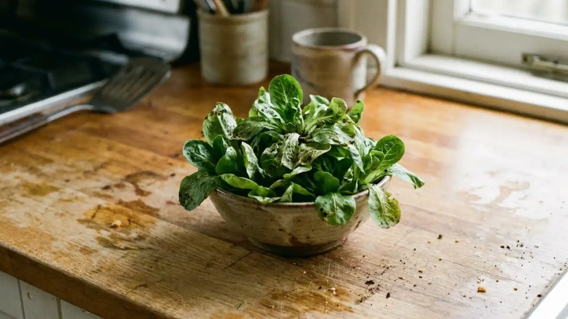 fresh mâche lettuce piled in a small ceramic bowl on a rustic wooden kitchen counter