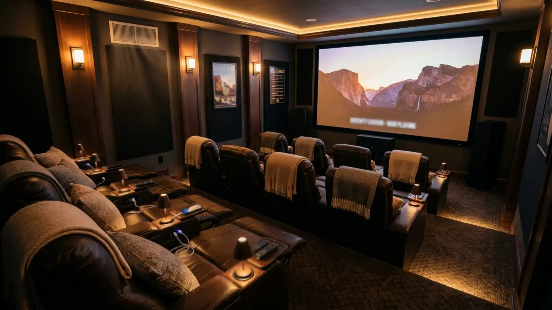 home theater with leather recliners, blankets, side tables, and a screen showing a mountain canyon