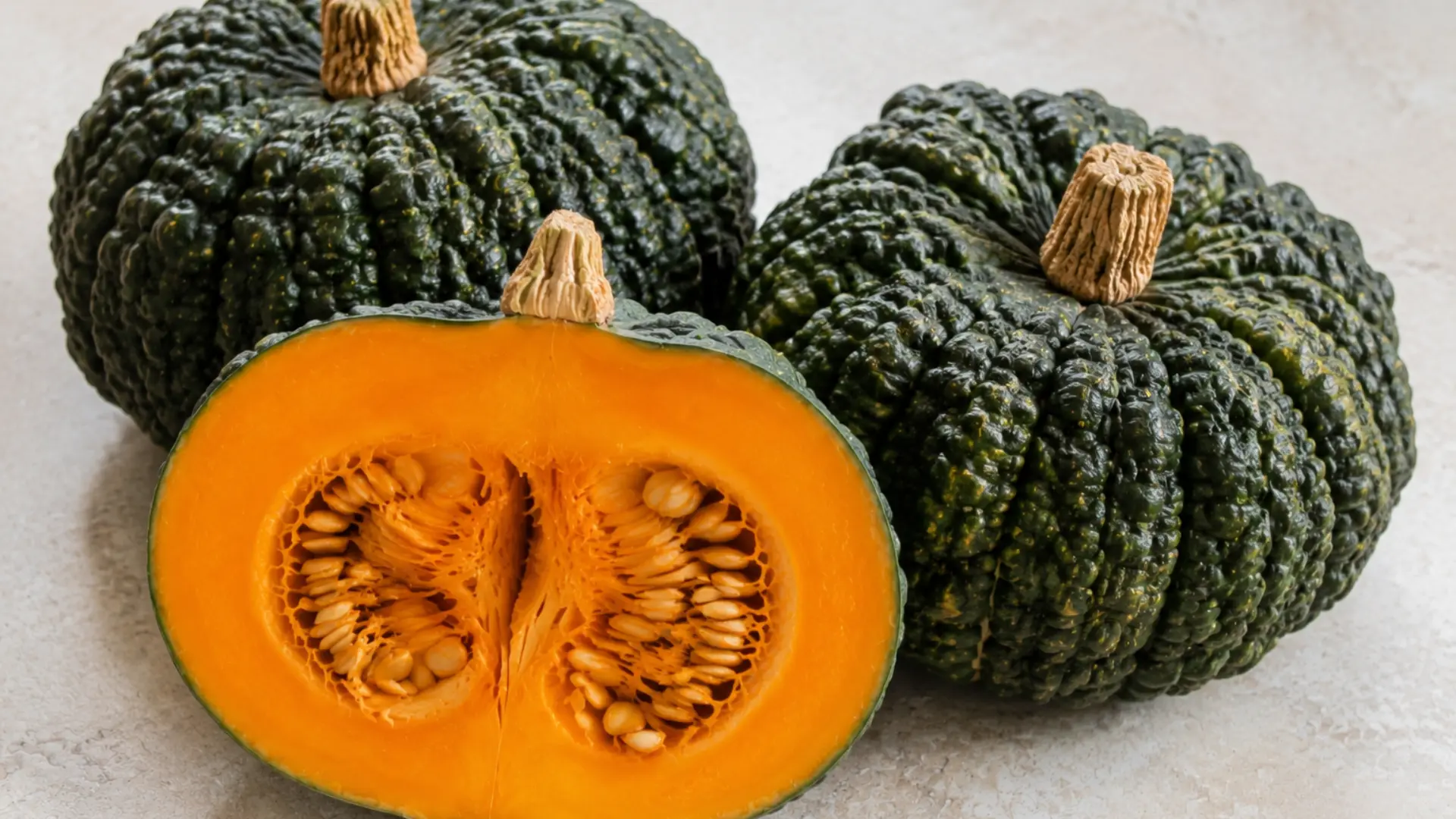 marina di chioggia squash halved and whole on a kitchen slab