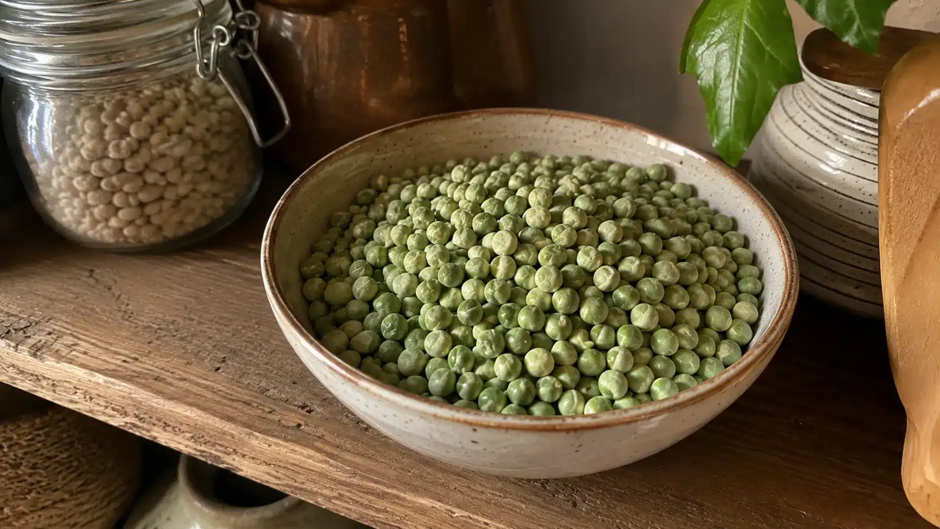 dry green marrowfat peas in a small bowl on a kitchen shelf