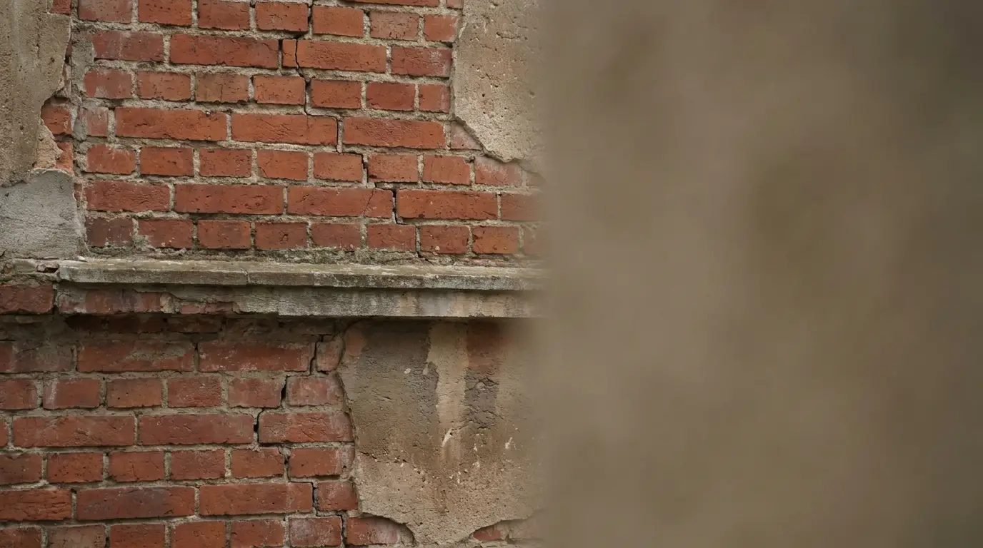 Worn red brick wall with visible cracks and aged cement detailing