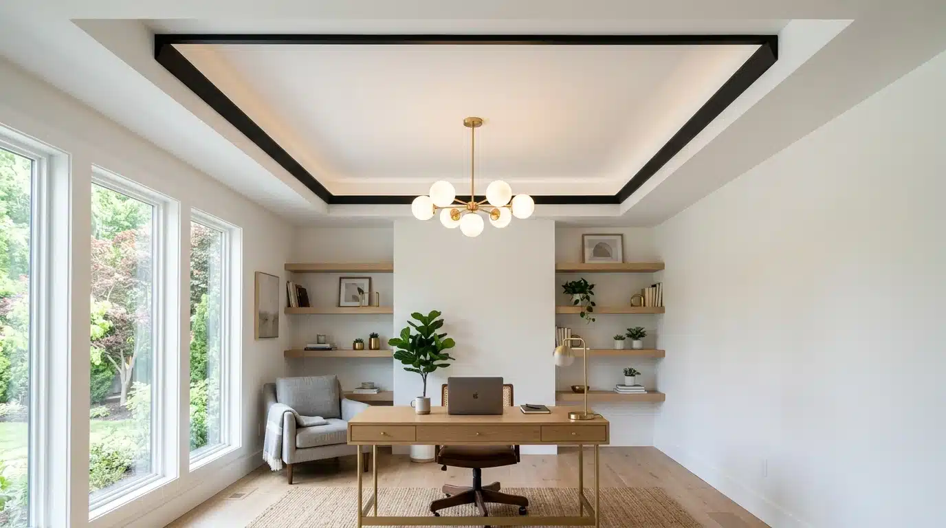 home office with a desk, laptop, chair, armchair, plants, wall shelves, chandelier, and large windows overlooking greenery