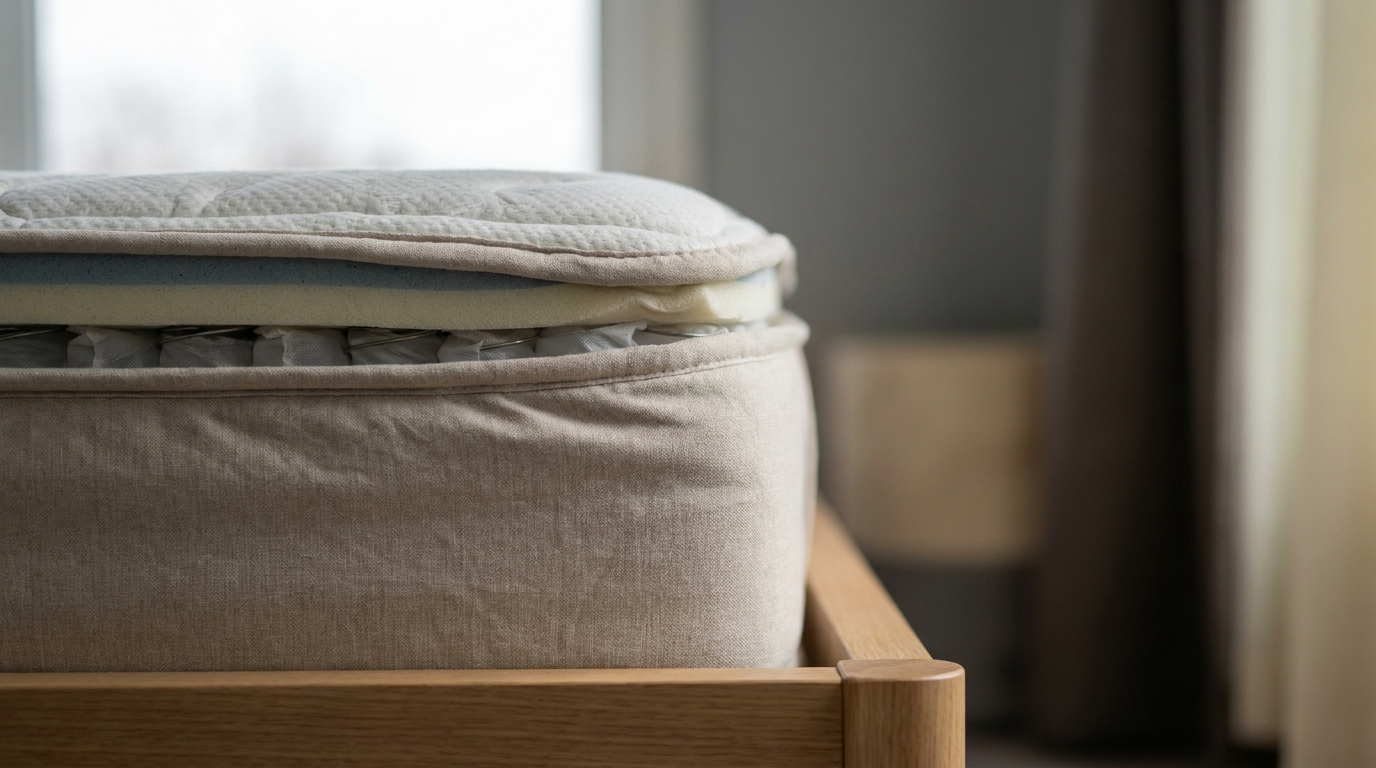 Close-up of a mattress with a beige fabric cover on a wooden bed frame in a bright room