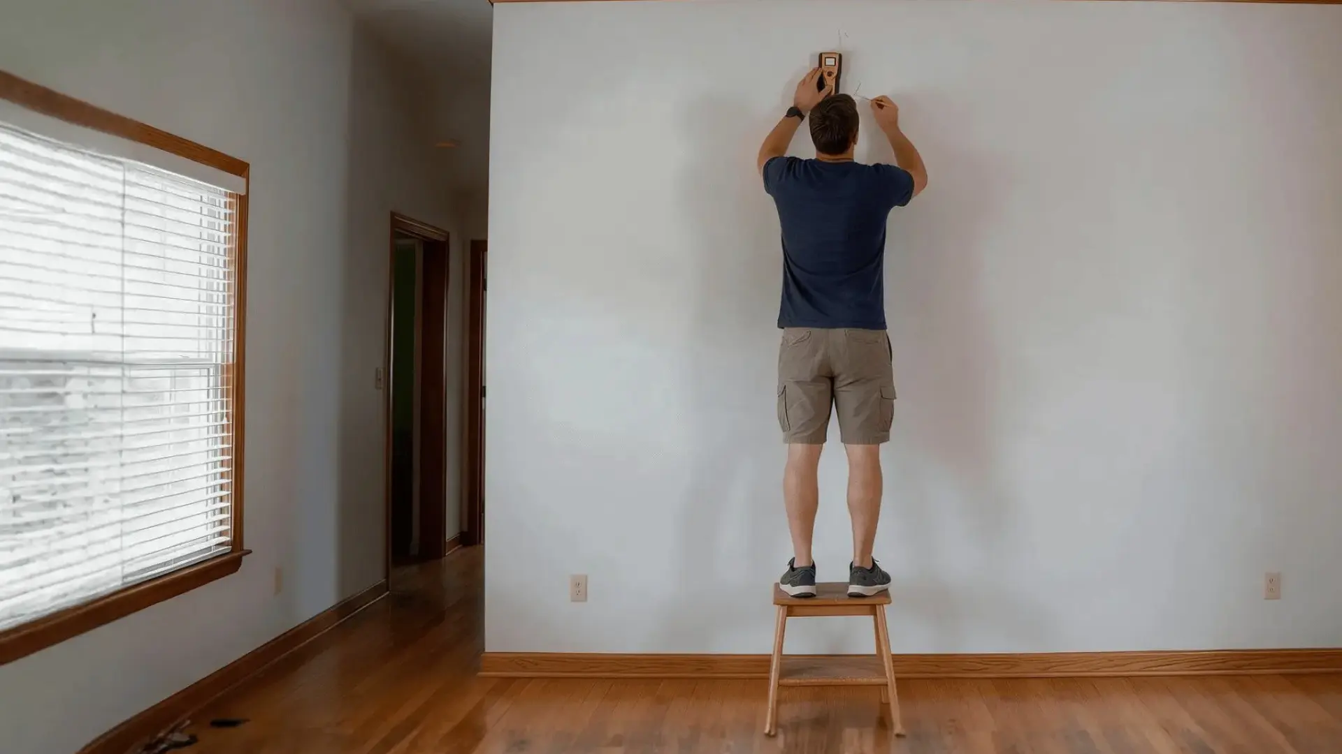 person measuring a living room wall from floor to ceiling with a tape measure before installing board and batten.