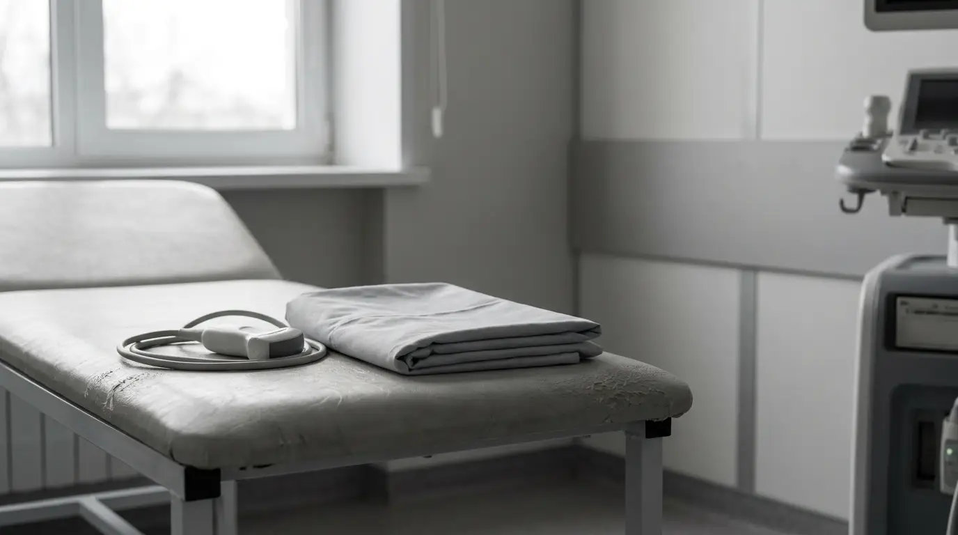 Medical examination table with folded sheet and ultrasound probe in a clinical setting