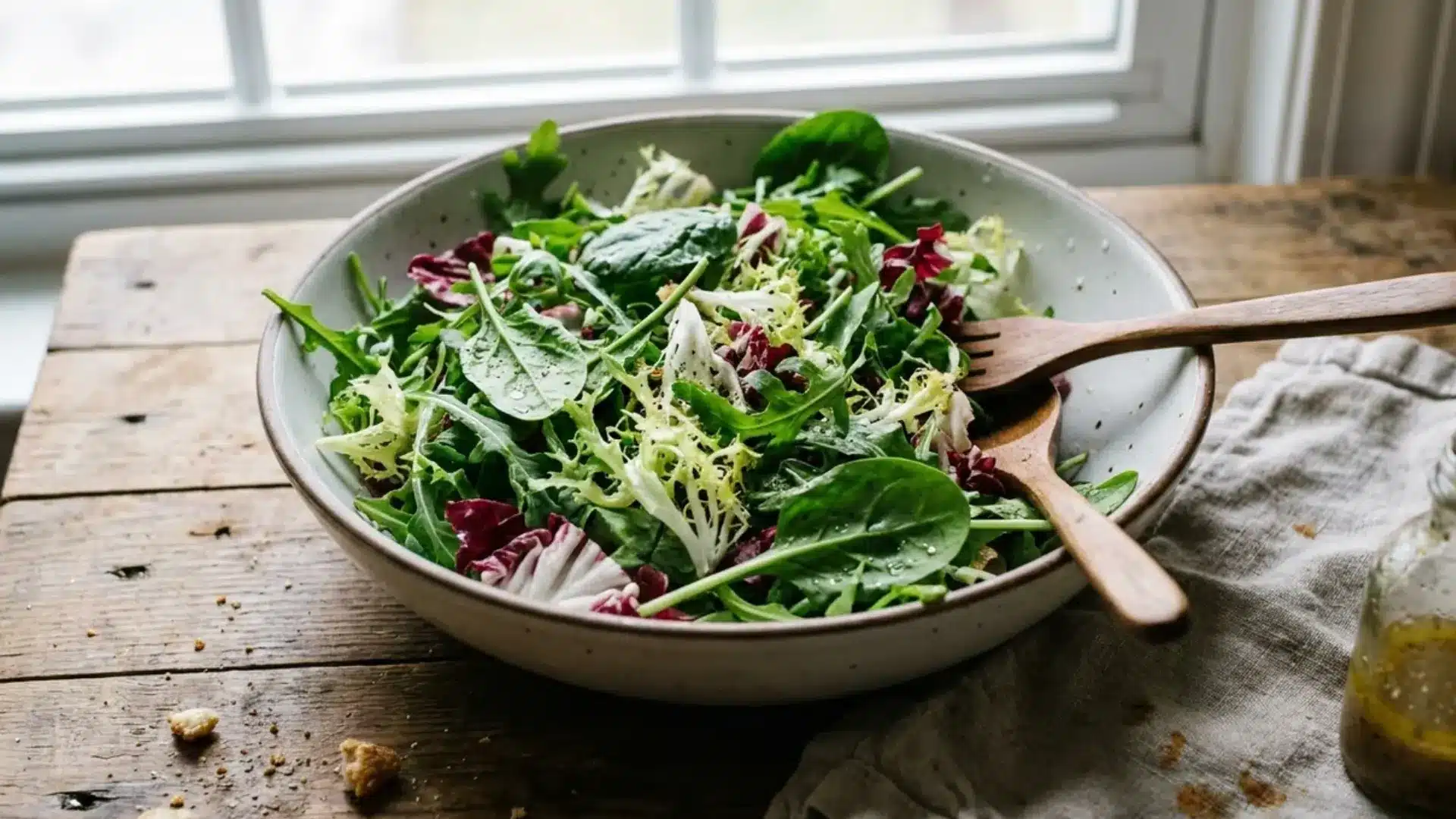 mesclun spring mix greens served in a bowl with wooden salad utensils