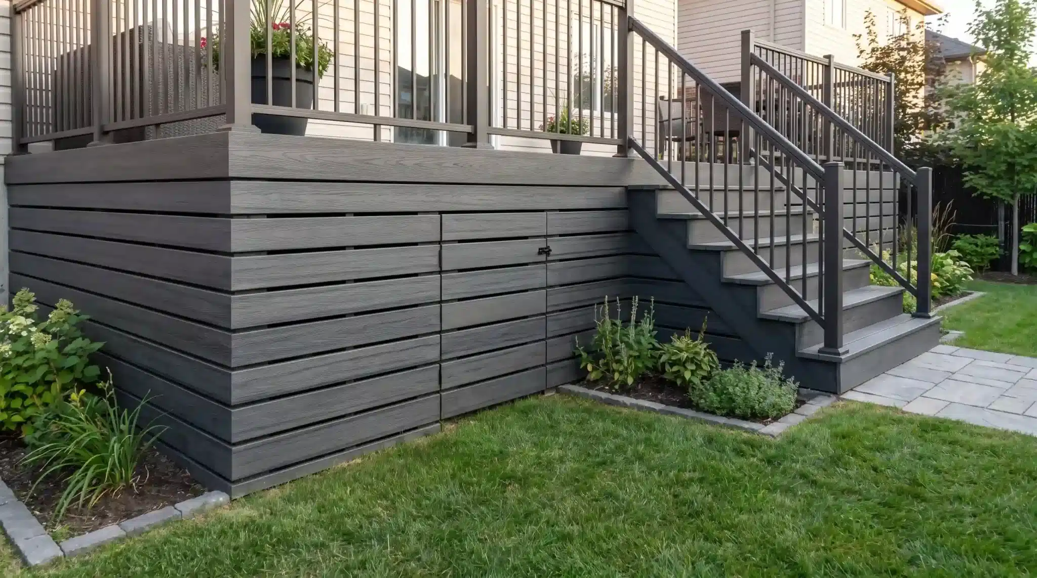 gray composite skirting panels enclosing the space beneath a raised deck with stairs and metal railings