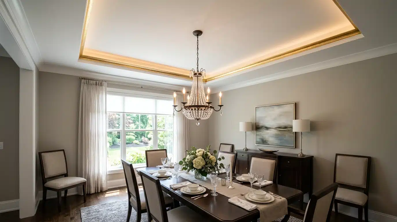 dining room with a set table, floral centerpiece, chandelier, sideboard, framed artwork, and large window overlooking a garde