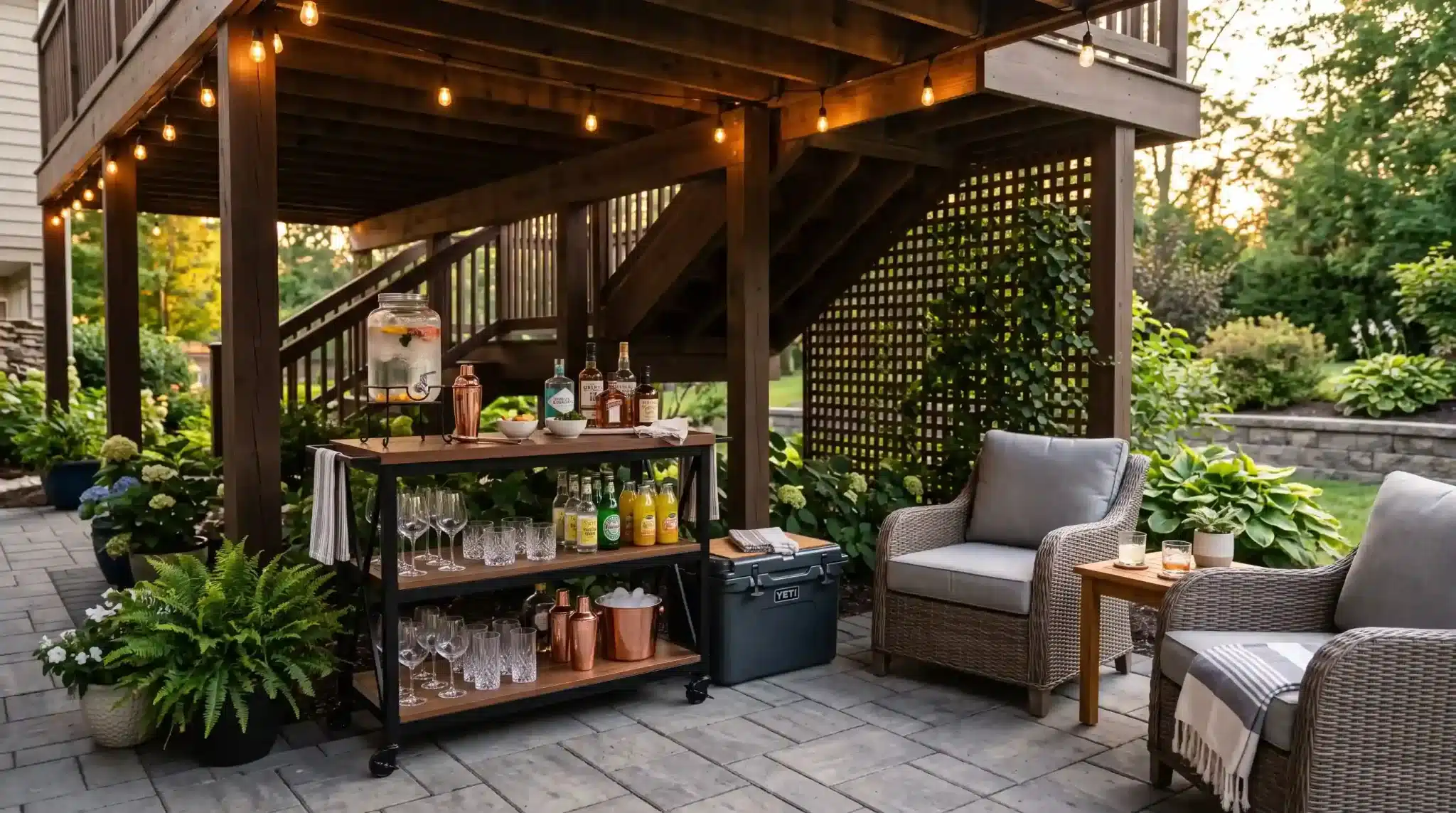 mini bar cart with drinks and glassware beside wicker chairs beneath a deck with string lights