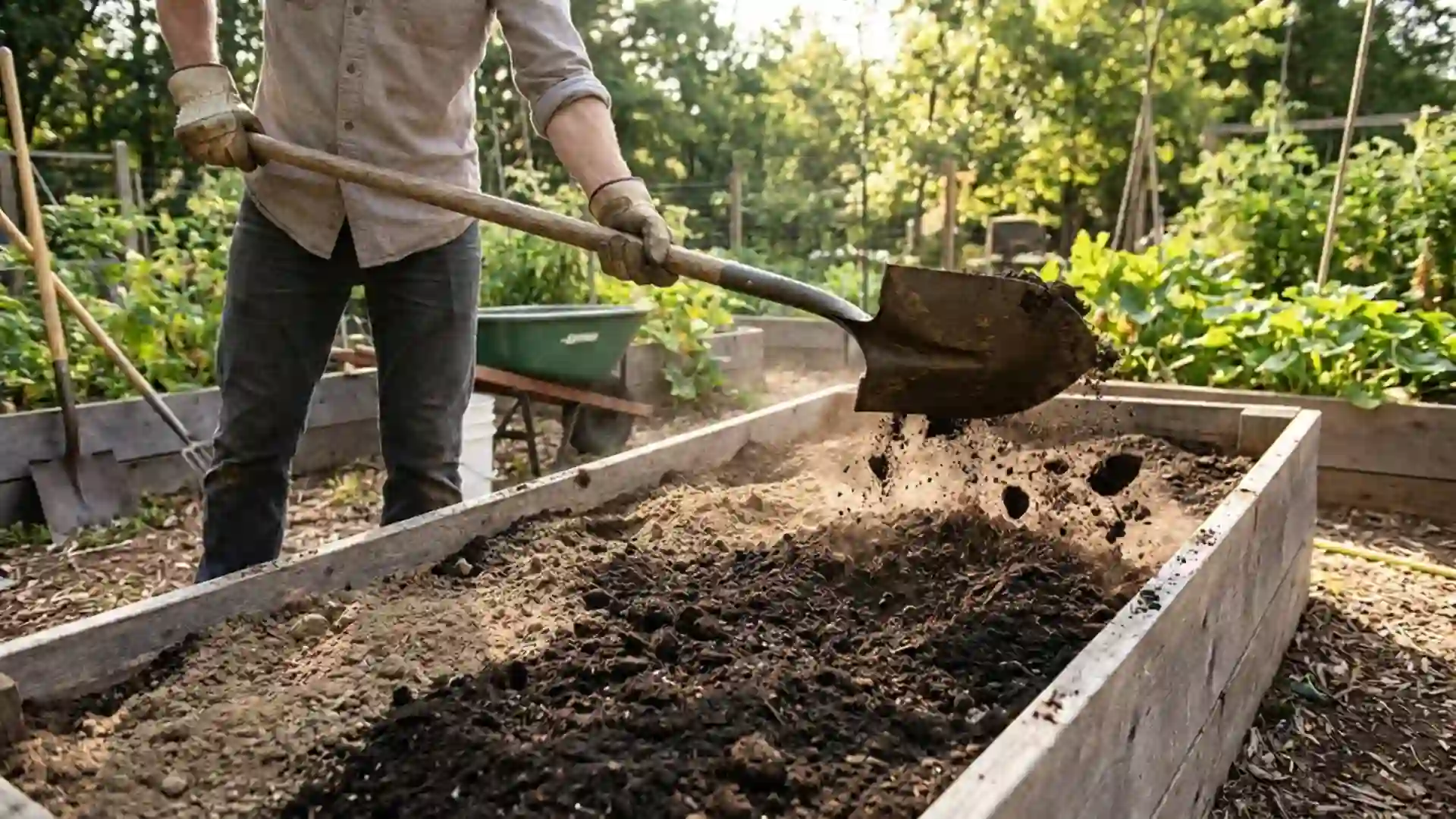 gardener blending layered topsoil and garden soil with a shovel in raised bed