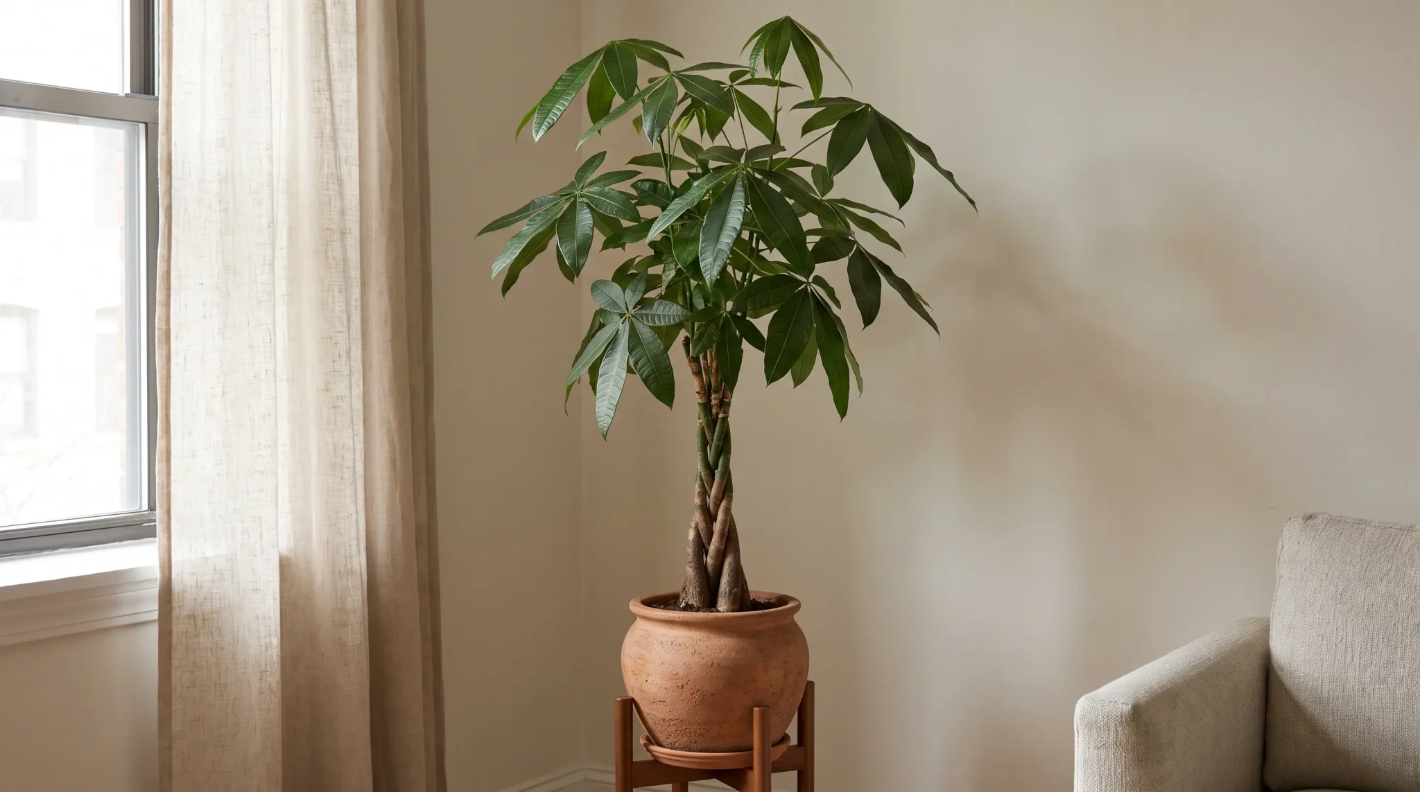 tall money tree with a braided trunk in a terracotta pot beside a bright living room window