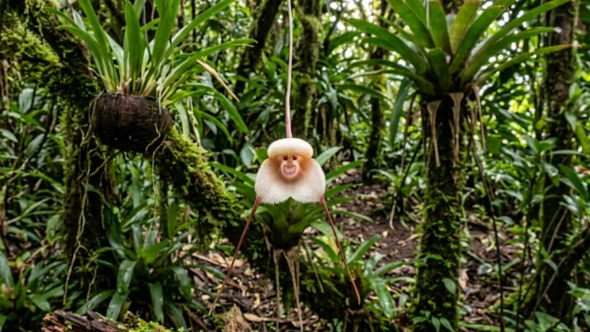 monkey orchid flower with a face-like center hanging among lush green plants in a tropical forest