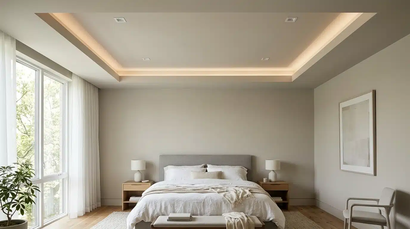 a bed with a gray headboard, bedside tables and lamps, large curtained windows, a plant, framed artwork, and two chairs