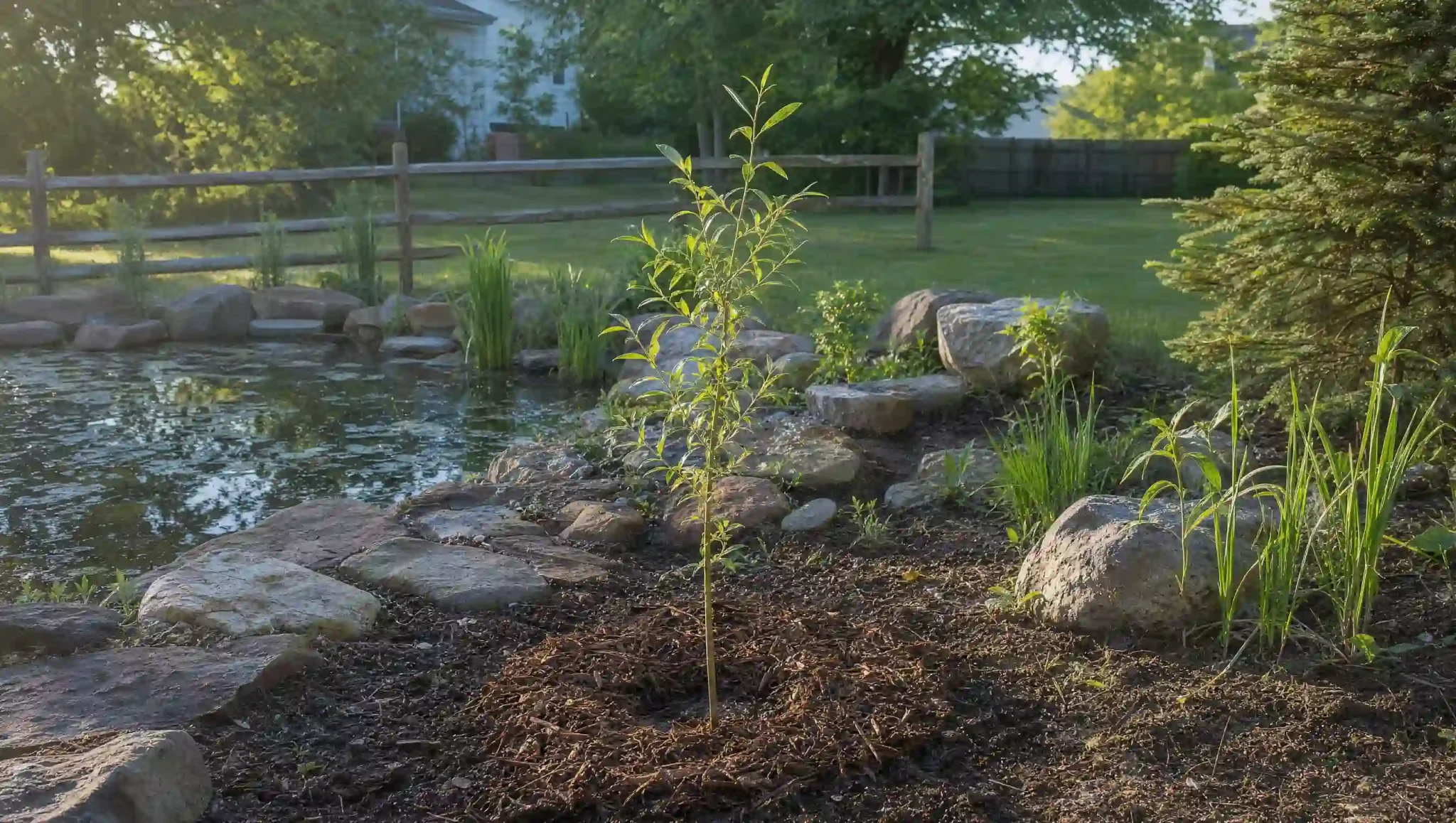 first-year willow sapling growing in moist soil beside a pond with mulch around its roots