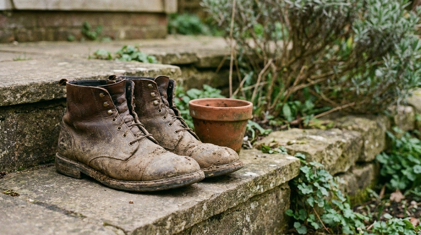 Worn leather boots and empty terracotta pot on stone steps in garden setting