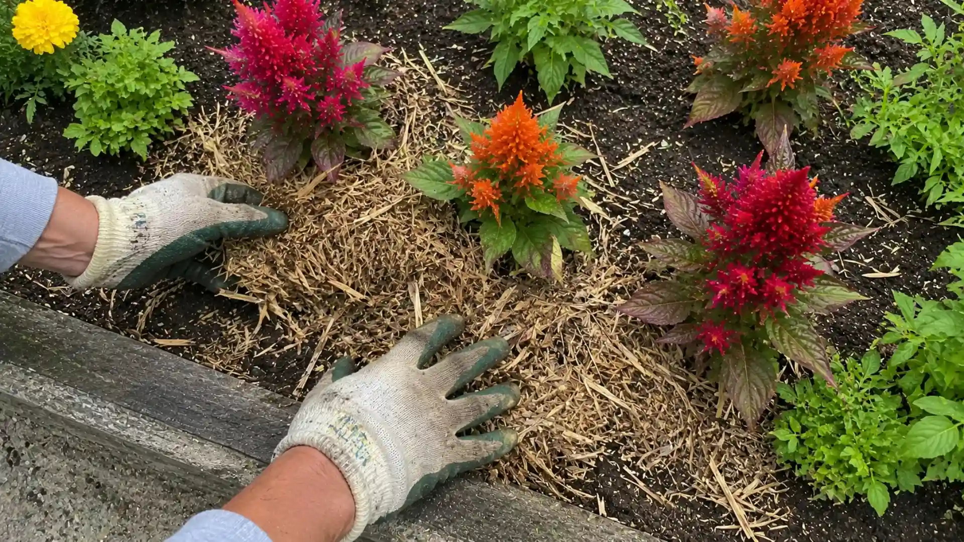 gardener spreading brown straw mulch around base of blooming celosia plants outdoors